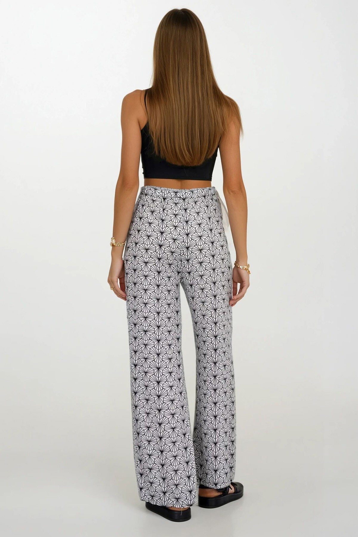 Siyah-Çizgili Beli Lastikli Bağcıklı Desenli Viskon Palazzo Pantolon