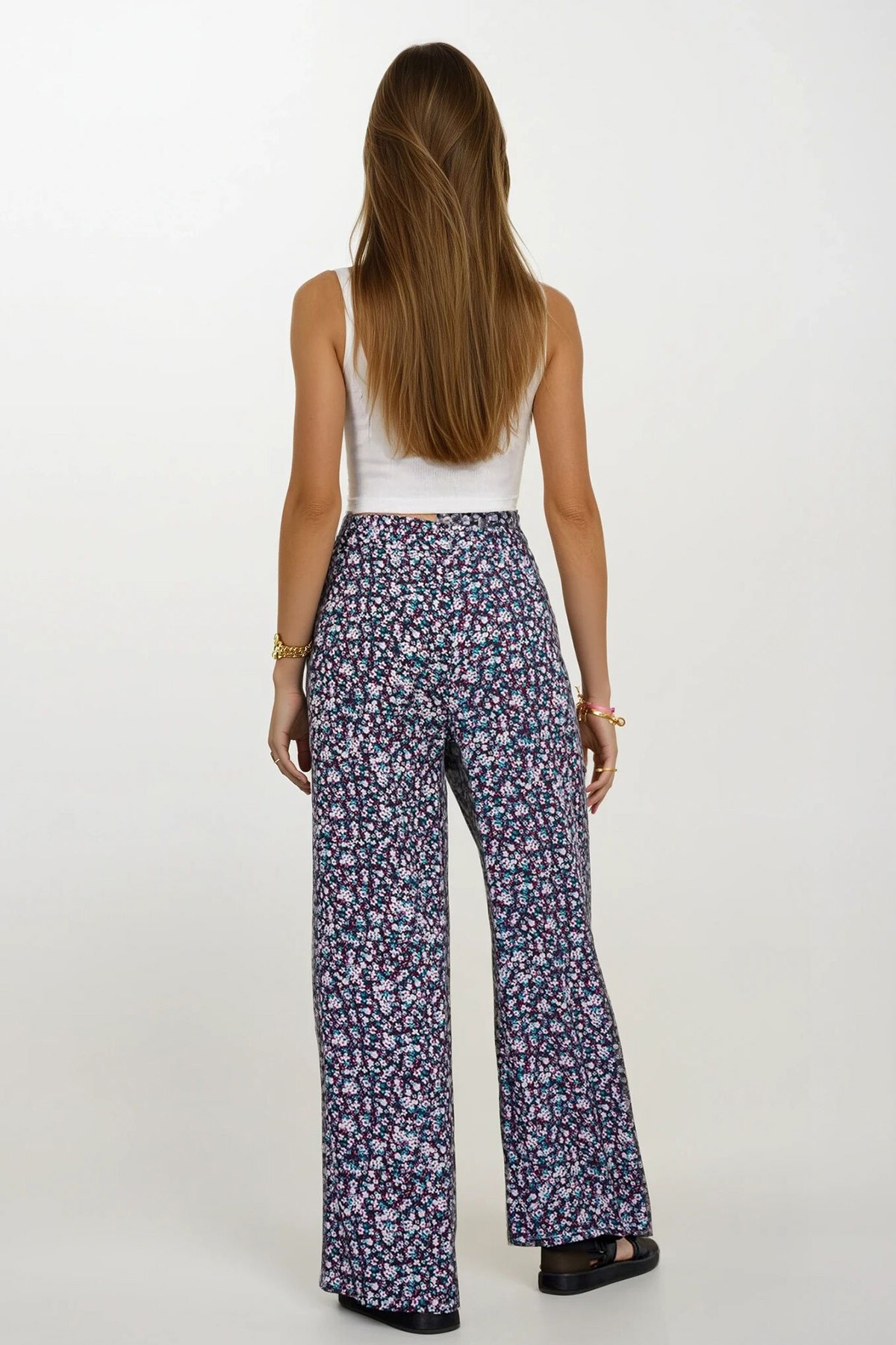 Beyaz-Mavi Beli Lastikli Bağcıklı Desenli Viskon Palazzo Pantolon