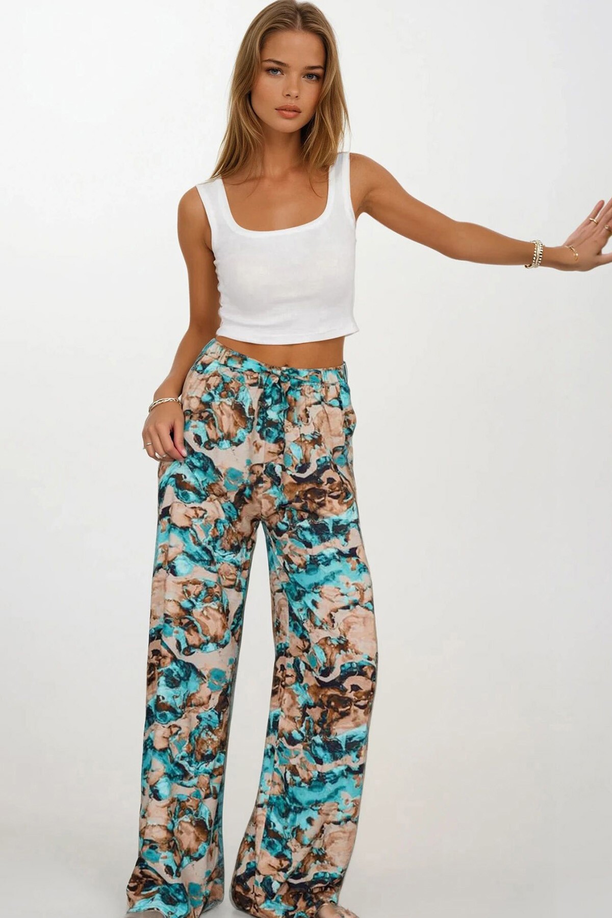 Mavi-Bej Beli Lastikli Bağcıklı Desenli Viskon Palazzo Pantolon