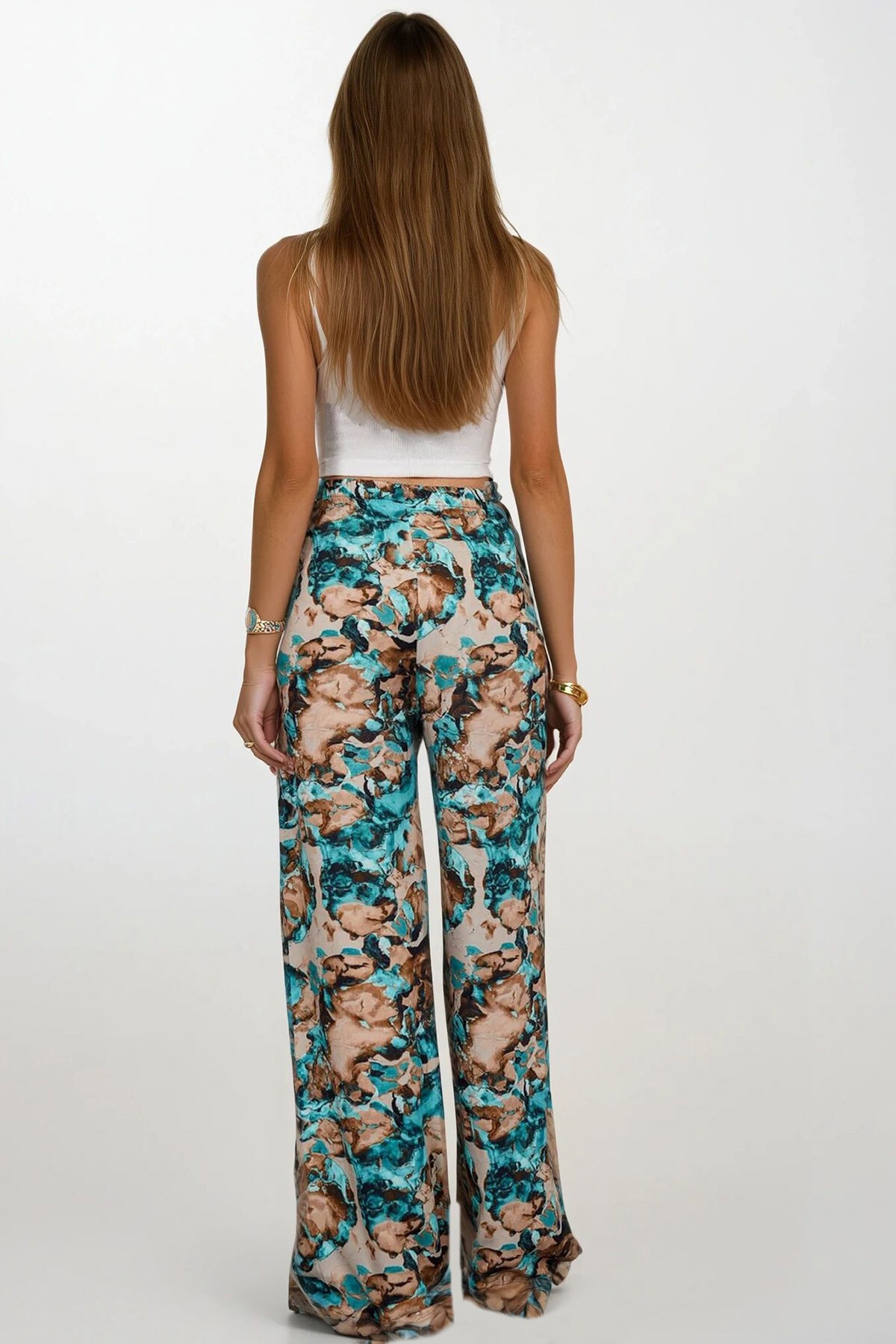 Mavi-Bej Beli Lastikli Bağcıklı Desenli Viskon Palazzo Pantolon