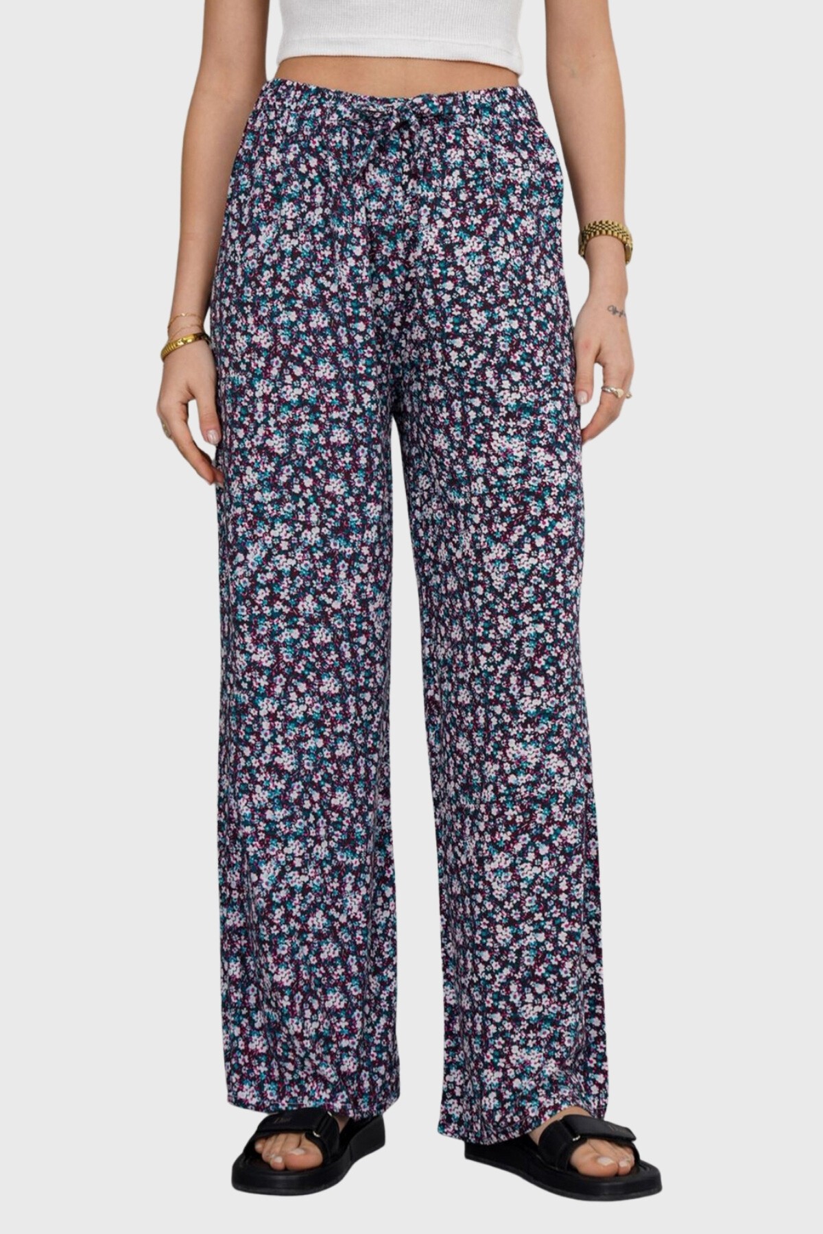 Beyaz-Mavi Beli Lastikli Bağcıklı Desenli Viskon Palazzo Pantolon