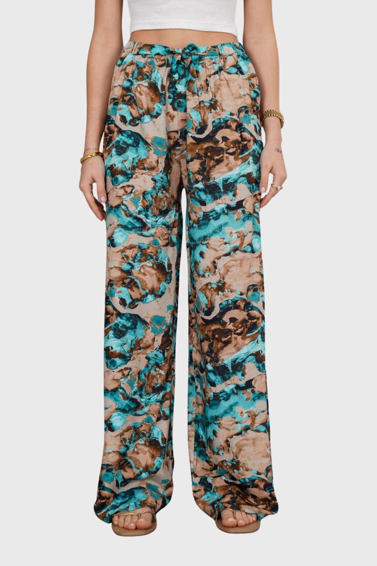 Mavi-Bej Beli Lastikli Bağcıklı Desenli Viskon Palazzo Pantolon