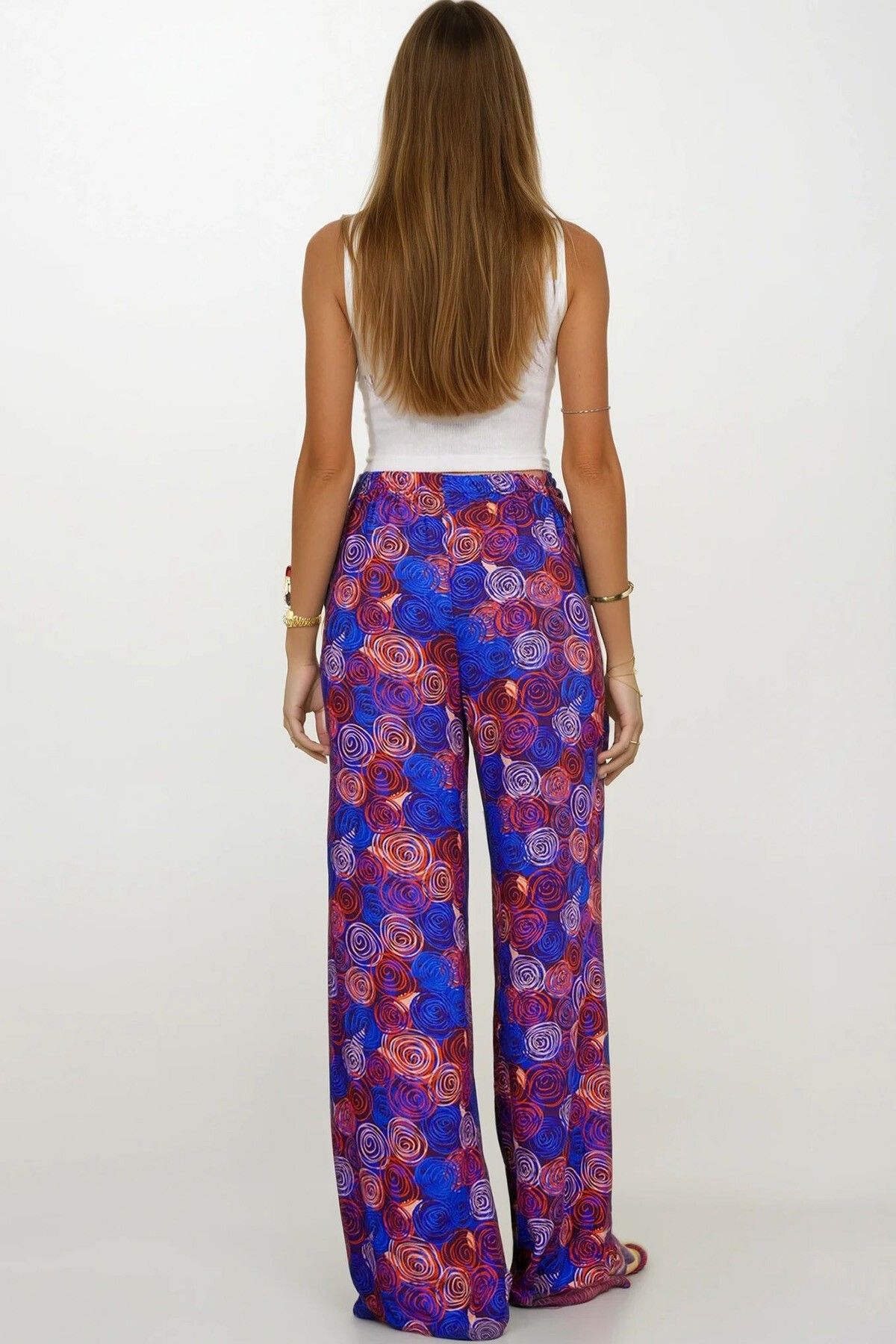 Mix Beli Lastikli Bağcıklı Desenli Viskon Palazzo Pantolon