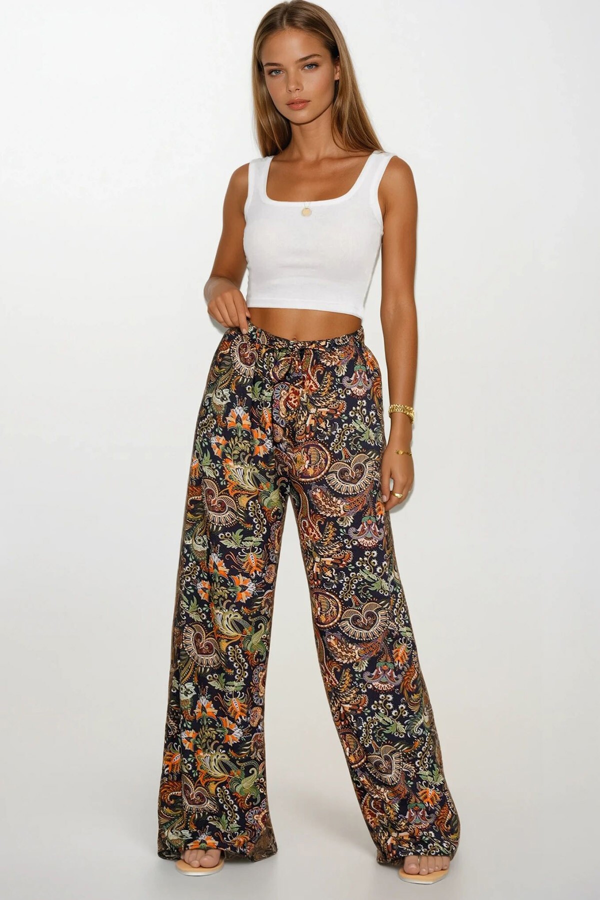 Mix Desenli Beli Lastikli Bağcıklı Desenli Viskon Palazzo Pantolon