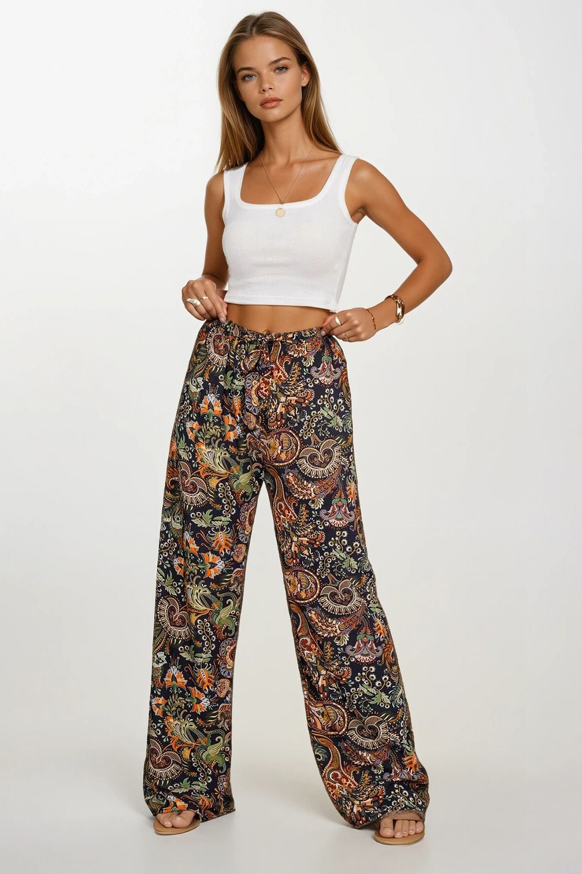 Mix Desenli Beli Lastikli Bağcıklı Desenli Viskon Palazzo Pantolon