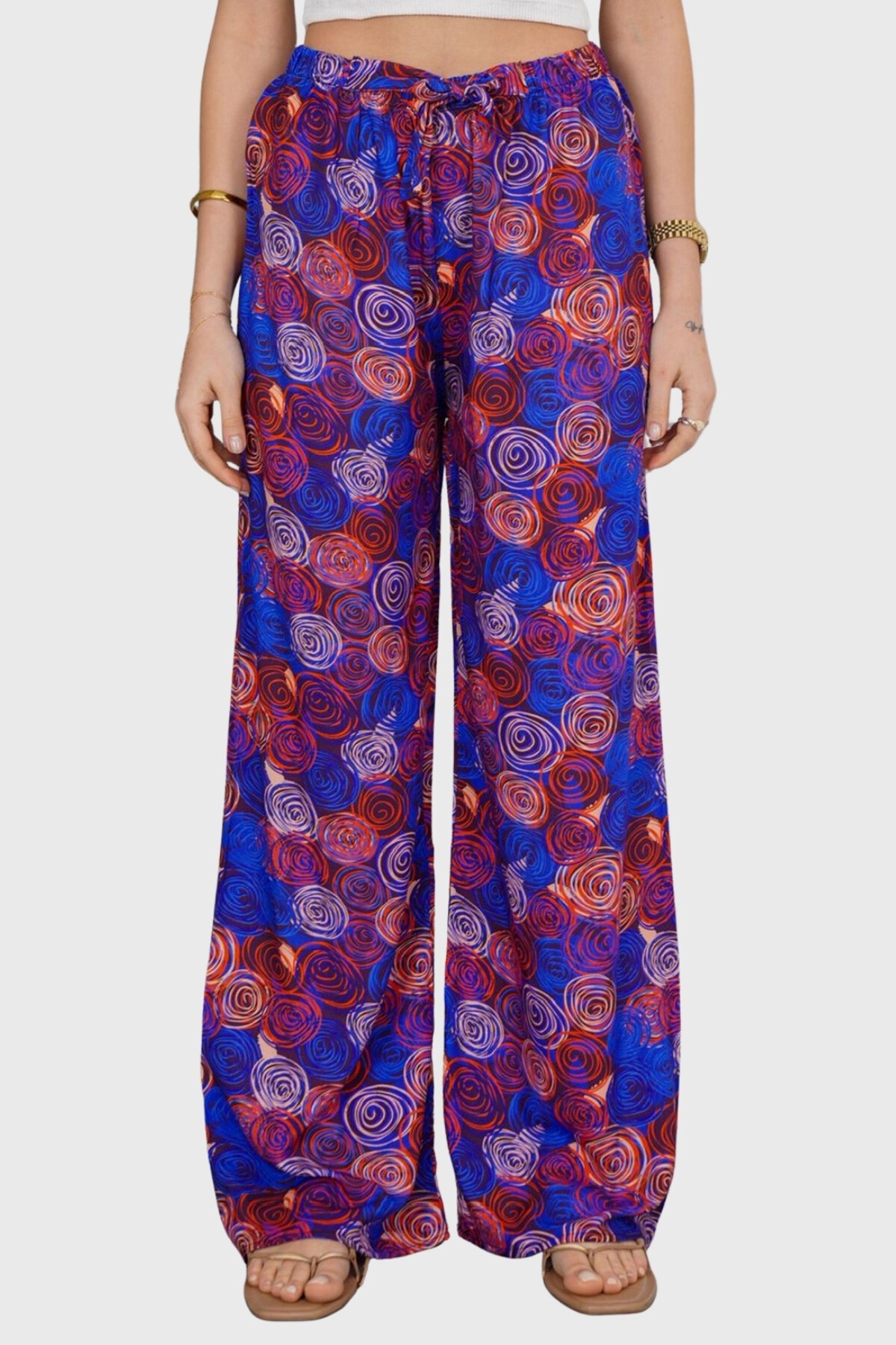 Mix Beli Lastikli Bağcıklı Desenli Viskon Palazzo Pantolon