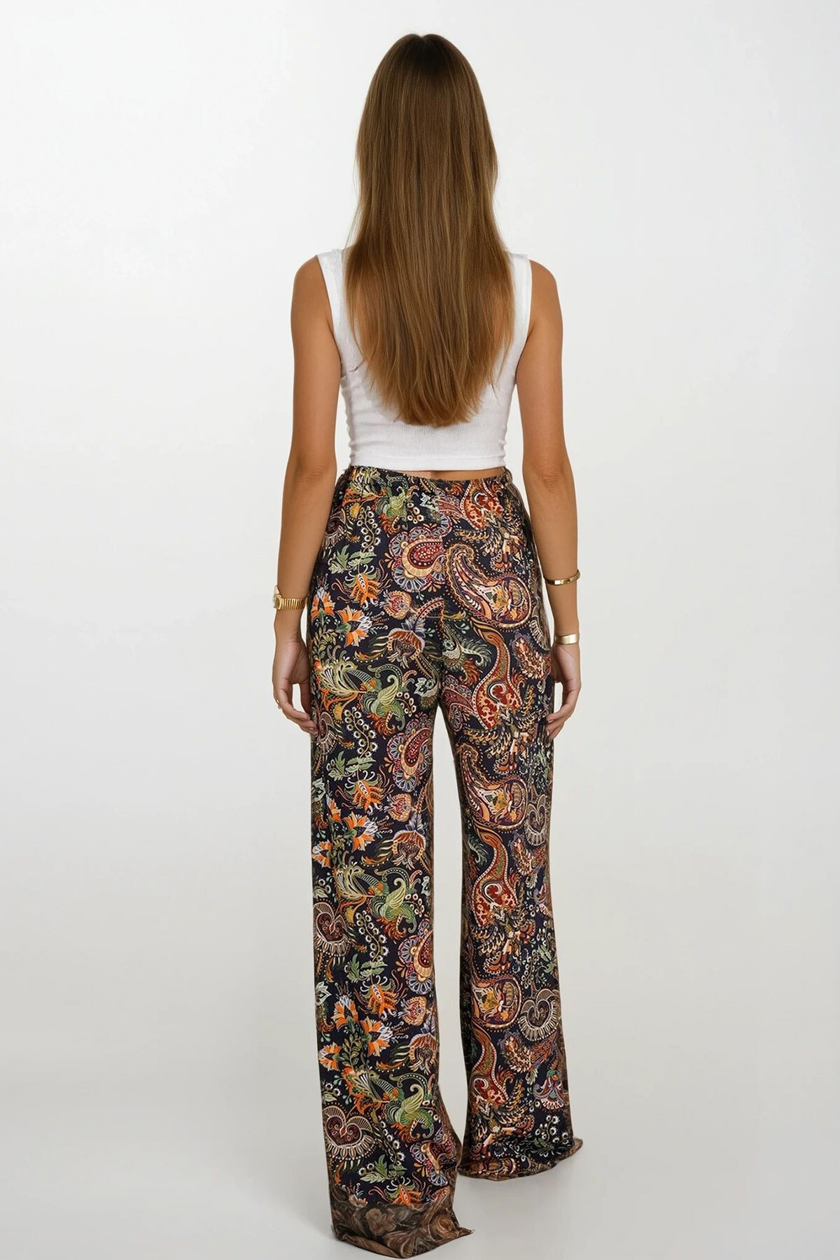 Mix Desenli Beli Lastikli Bağcıklı Desenli Viskon Palazzo Pantolon