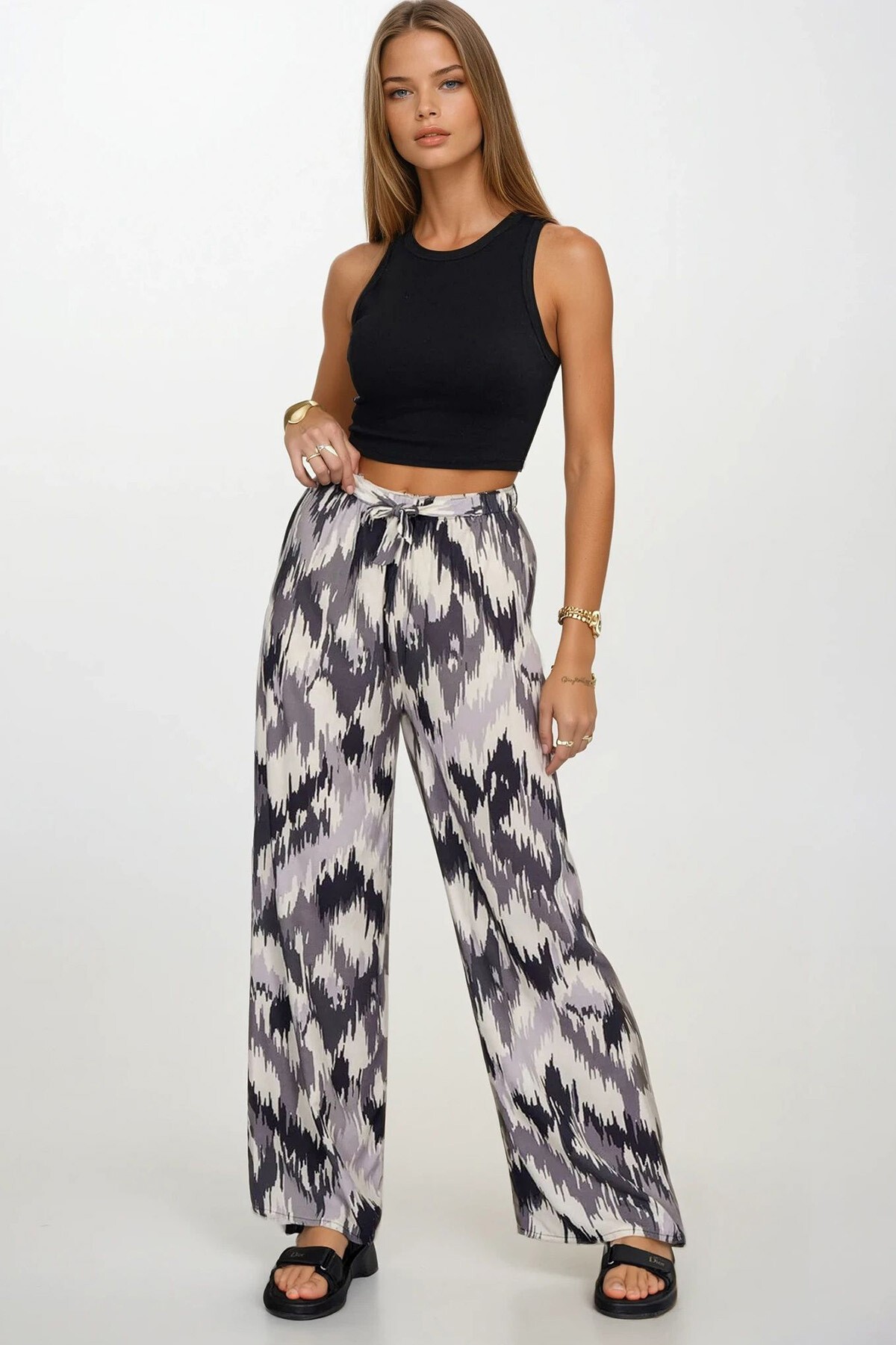 Siyah-Ekru Beli Lastikli Bağcıklı Desenli Viskon Palazzo Pantolon