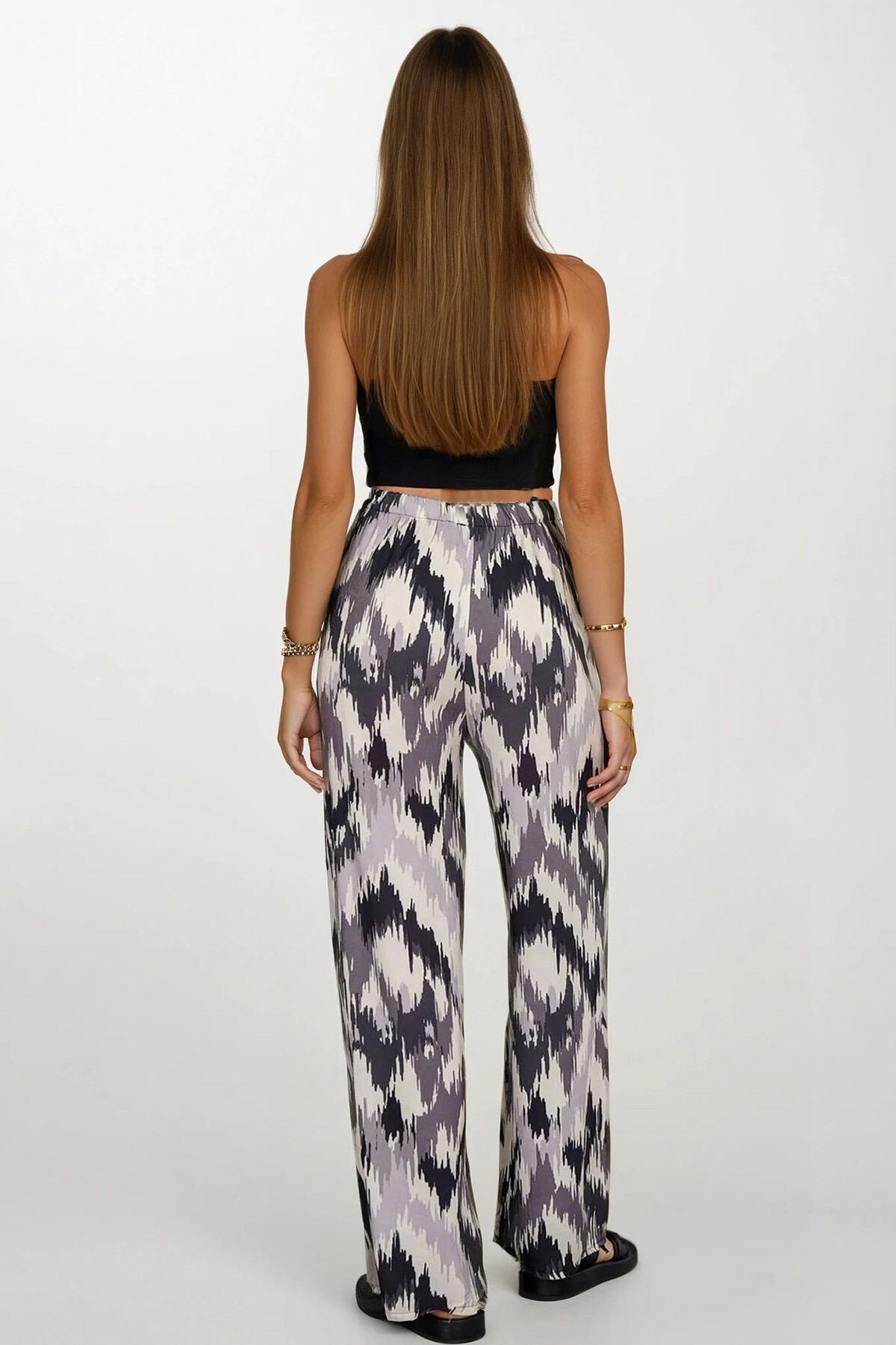 Siyah-Ekru Beli Lastikli Bağcıklı Desenli Viskon Palazzo Pantolon