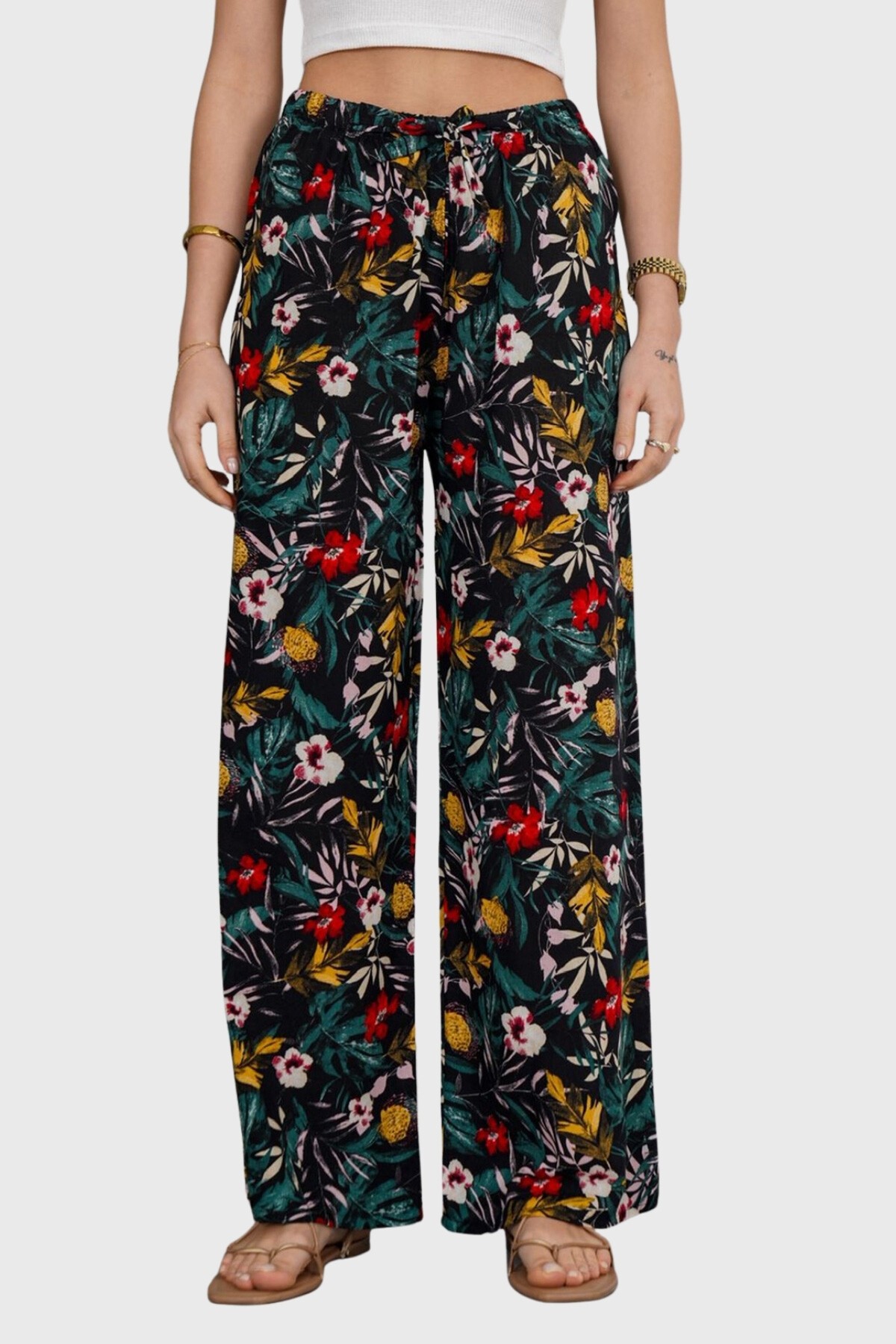 Yeşil Çiçekli Beli Lastikli Bağcıklı Desenli Viskon Palazzo Pantolon