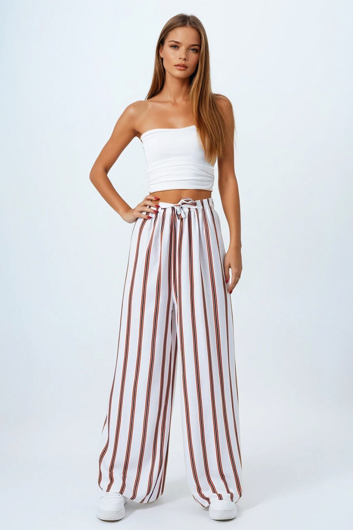 Beyaz Beli Lastikli Bağlamalı Çizgili Palazzo Pantolon