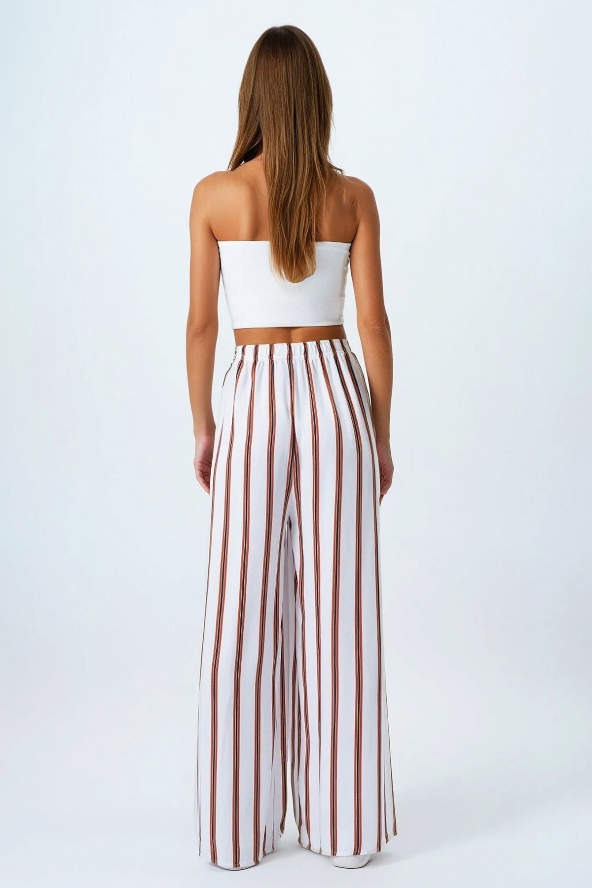 Beyaz Beli Lastikli Bağlamalı Çizgili Palazzo Pantolon