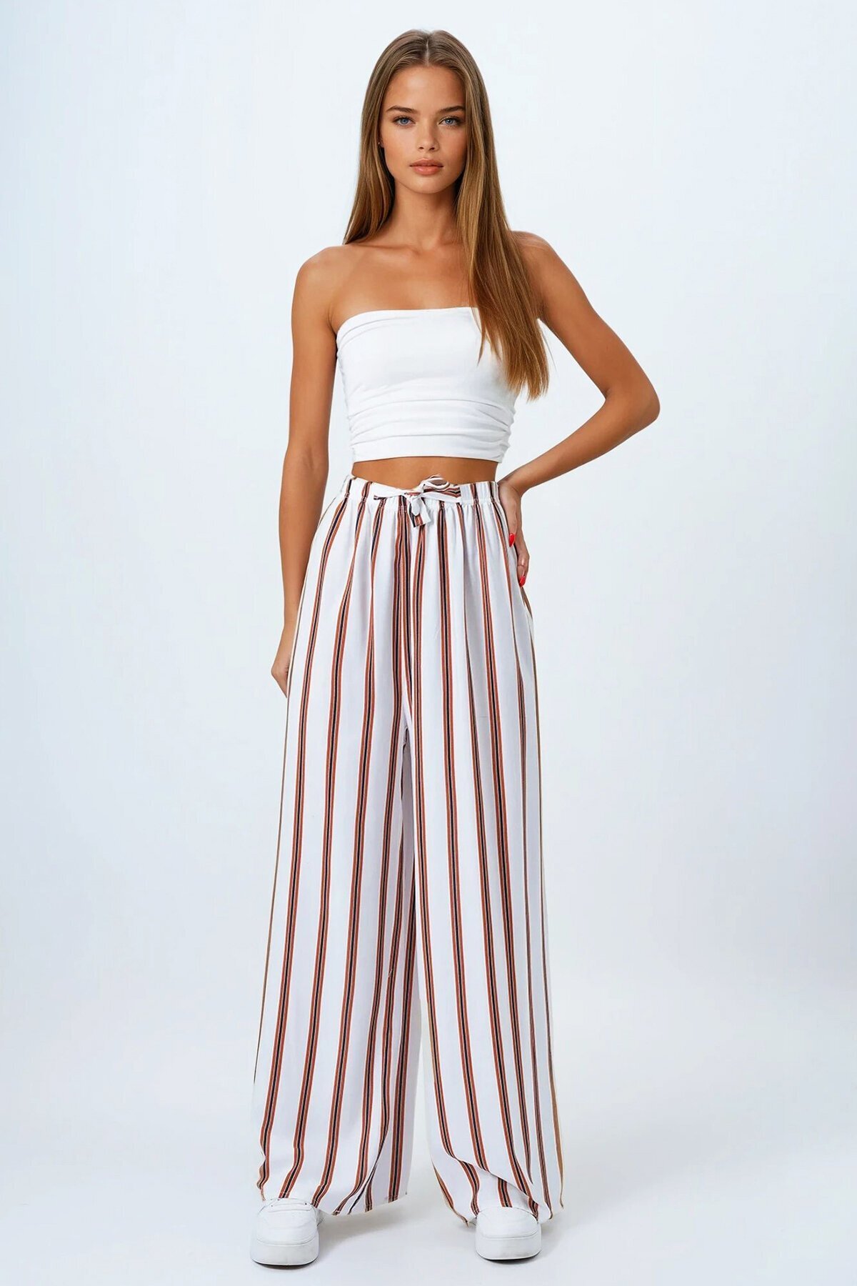 Beyaz Beli Lastikli Bağlamalı Çizgili Palazzo Pantolon