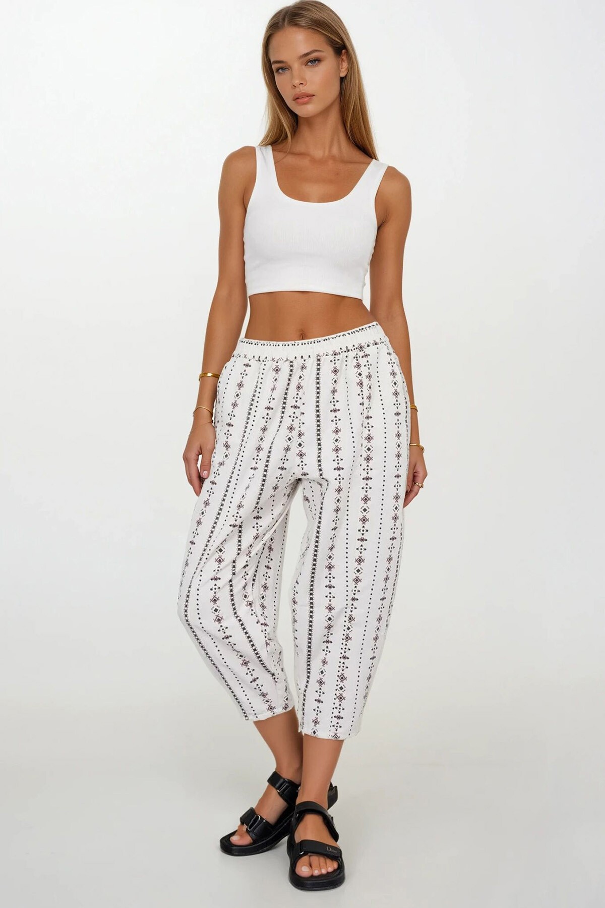 Kahverengi Beli Lastikli Desenli Keten Pantolon