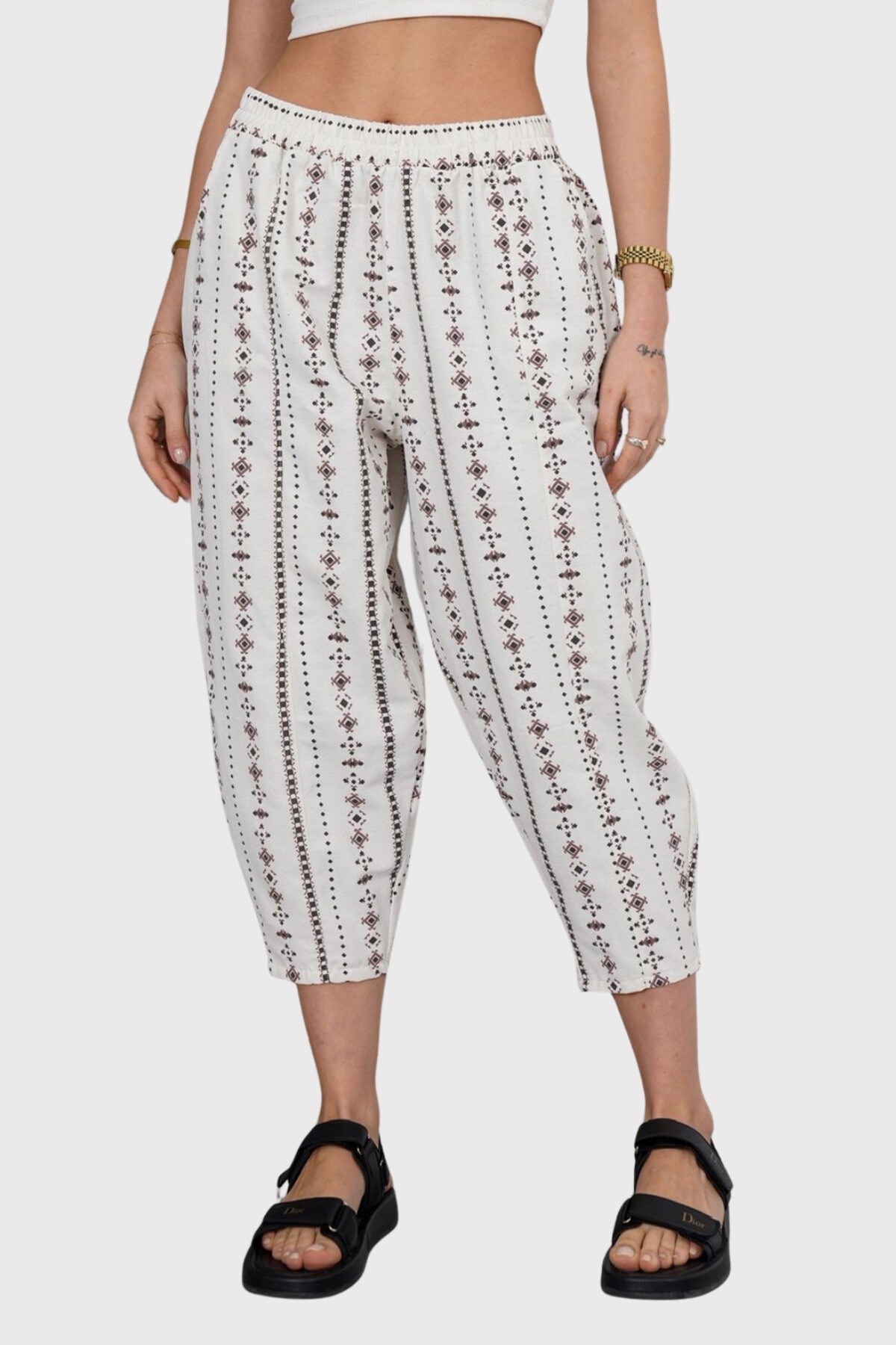 Kahverengi Beli Lastikli Desenli Keten Pantolon