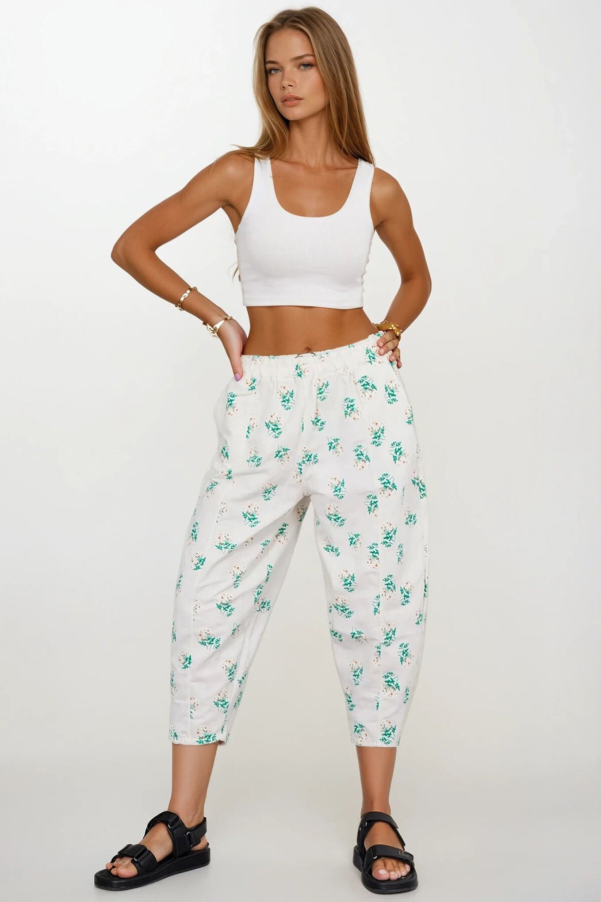 Yeşil Beli Lastikli Desenli Keten Pantolon