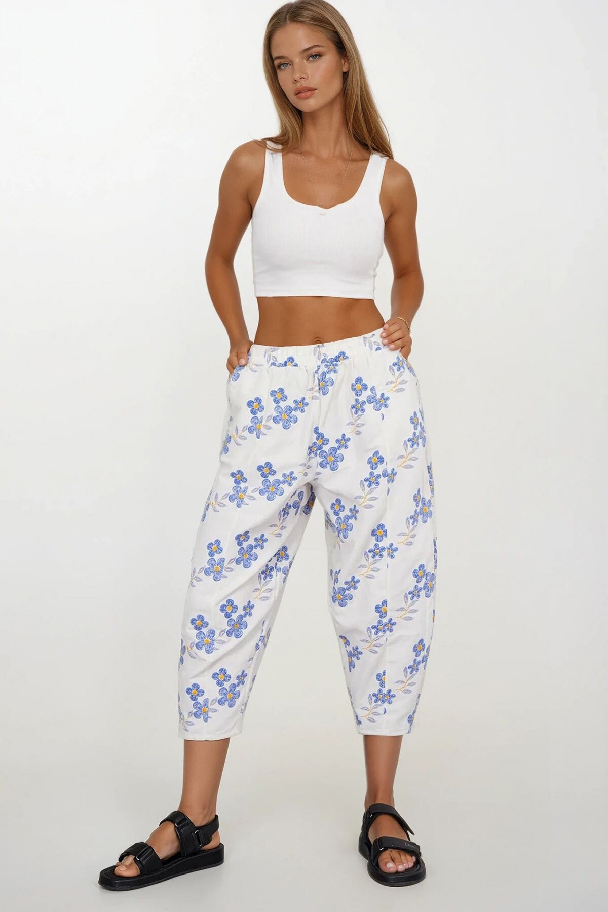 Mavi Beli Lastikli Desenli Keten Pantolon