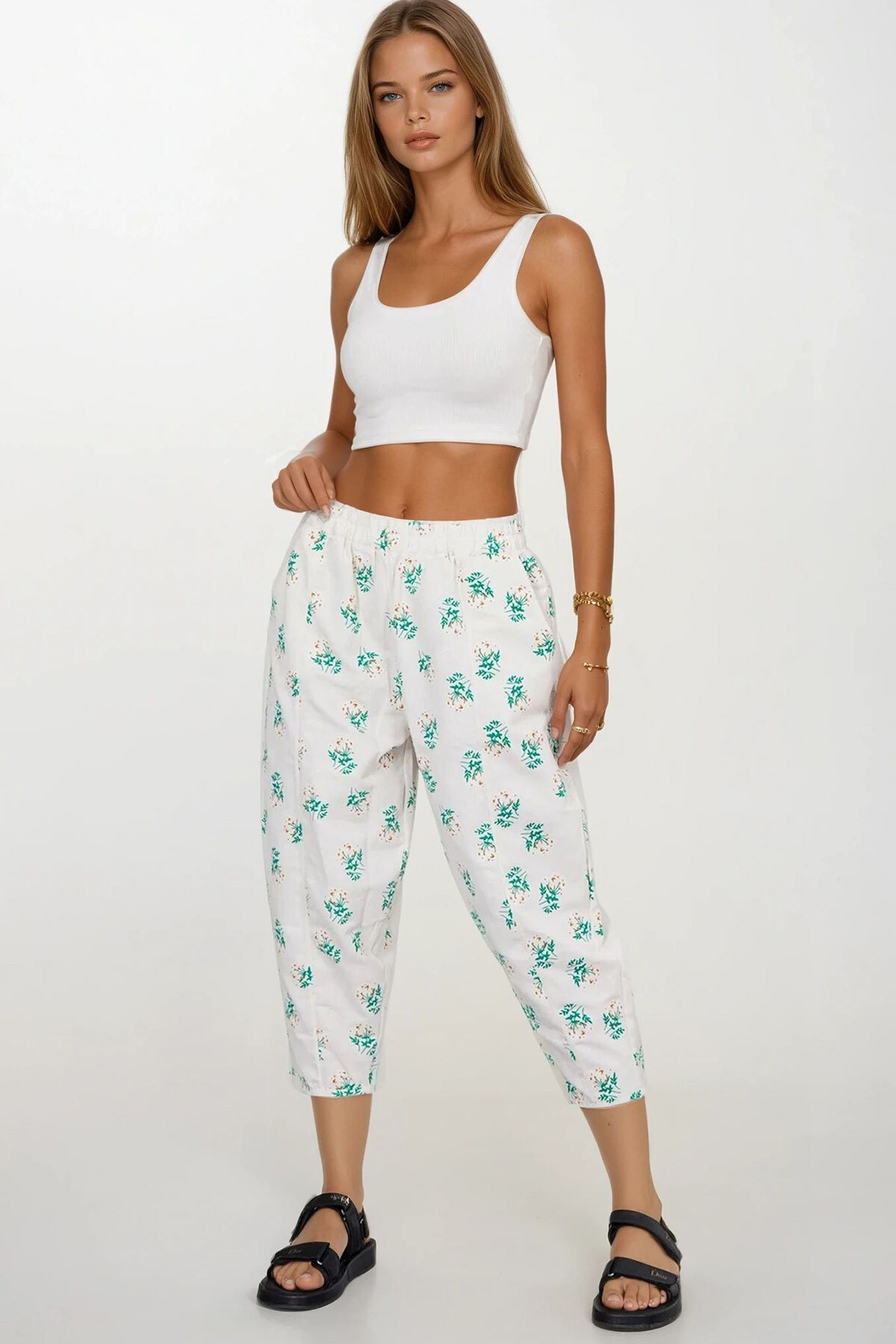 Yeşil Beli Lastikli Desenli Keten Pantolon