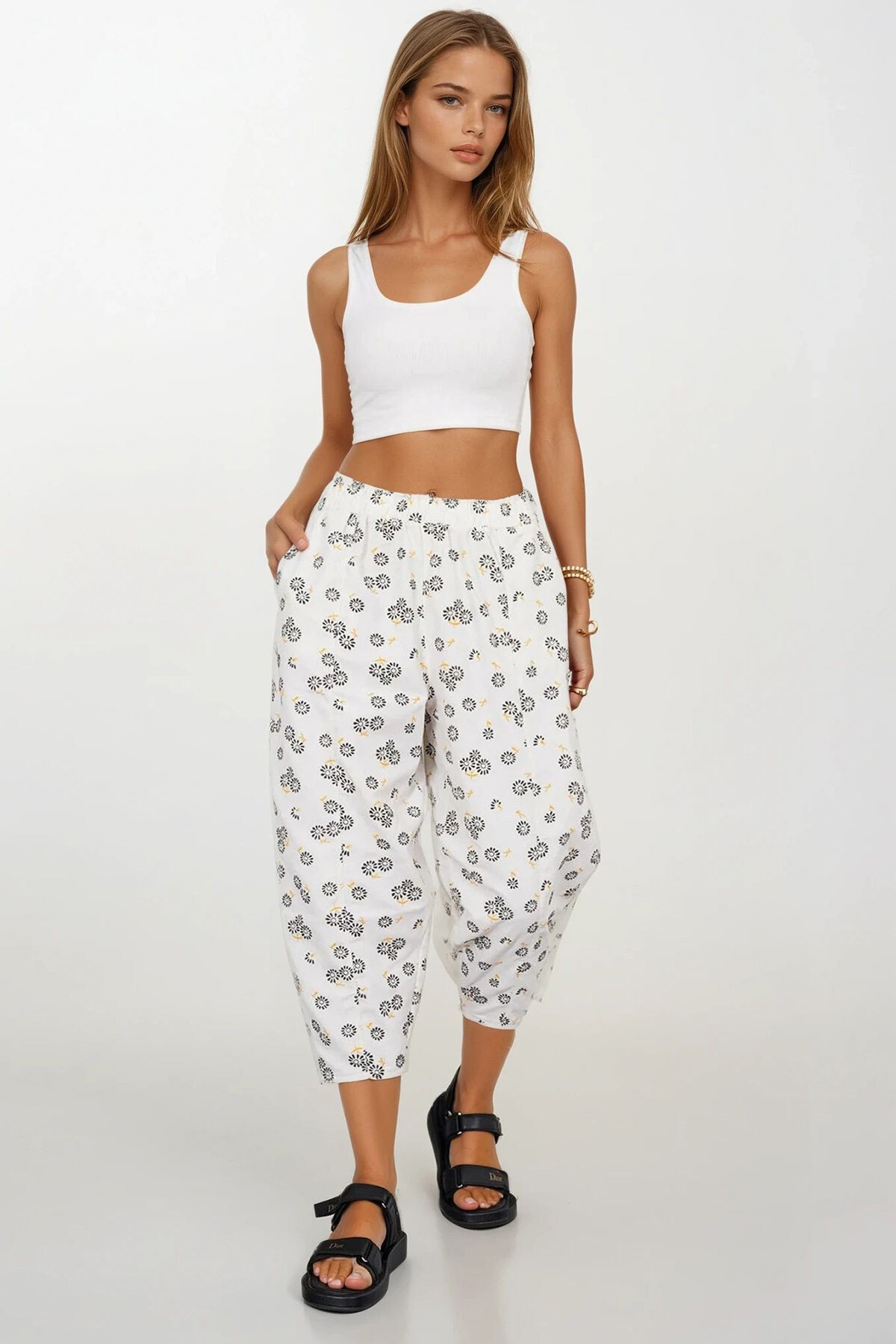 Ekru-Siyah Beli Lastikli Desenli Keten Pantolon