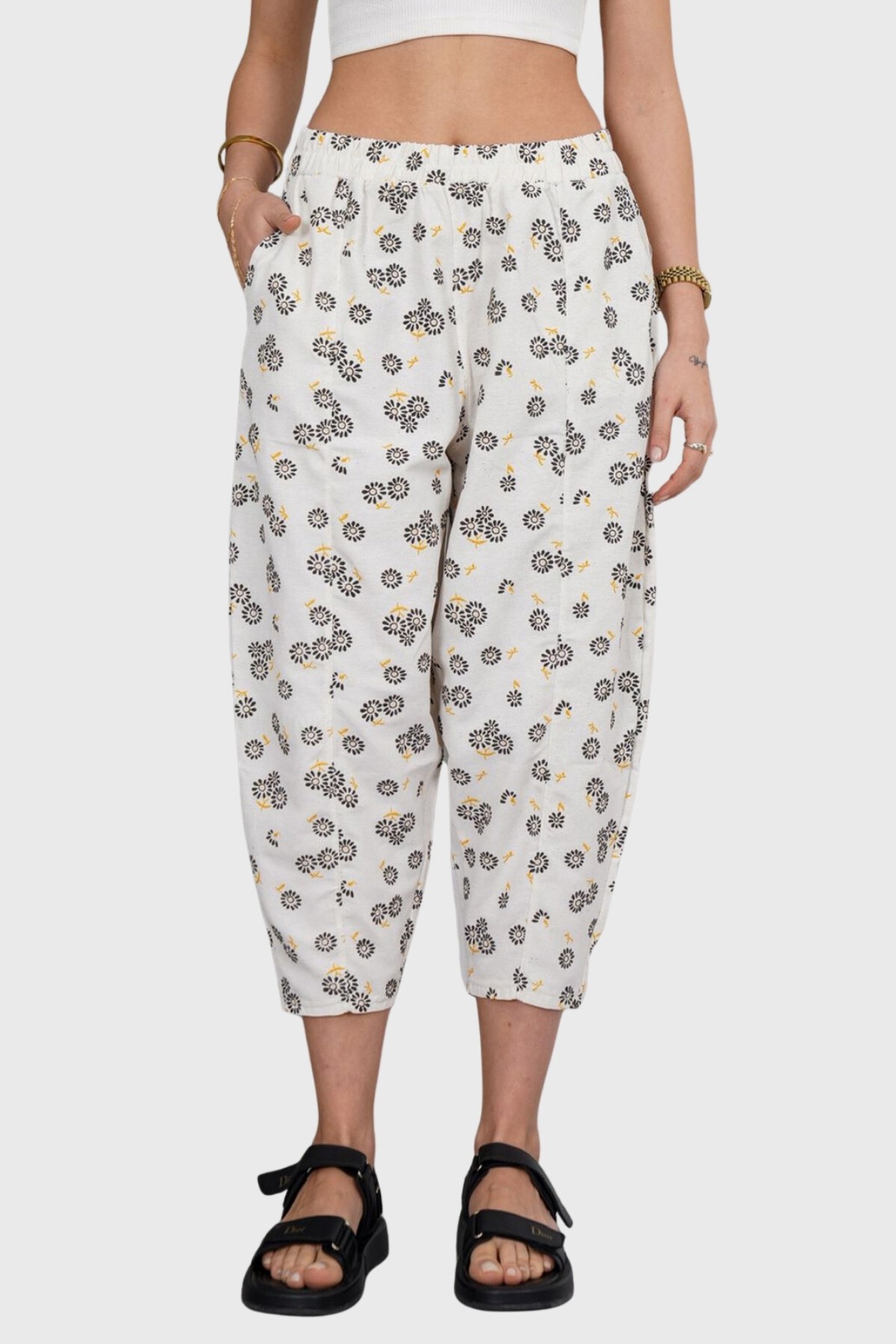 Ekru-Siyah Beli Lastikli Desenli Keten Pantolon