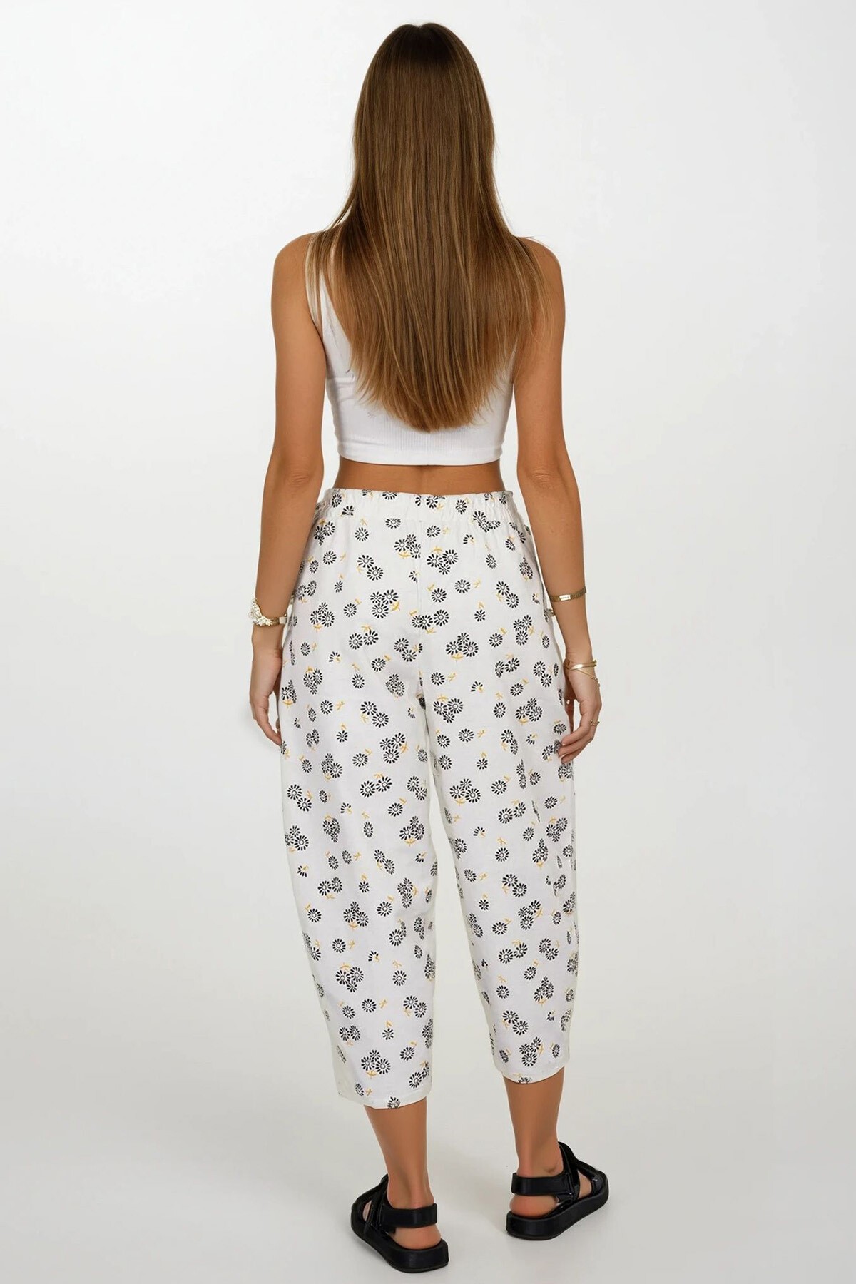 Ekru-Siyah Beli Lastikli Desenli Keten Pantolon