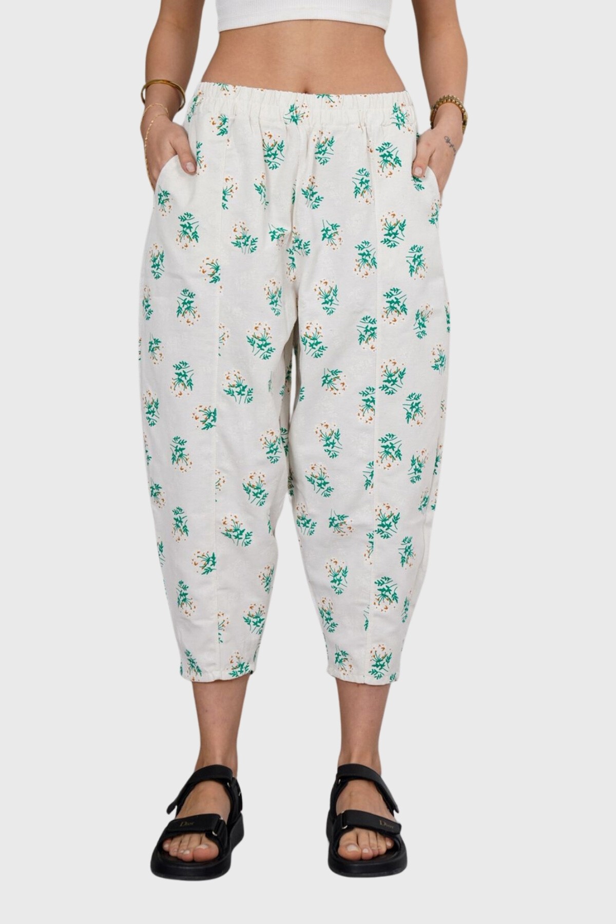 Yeşil Beli Lastikli Desenli Keten Pantolon