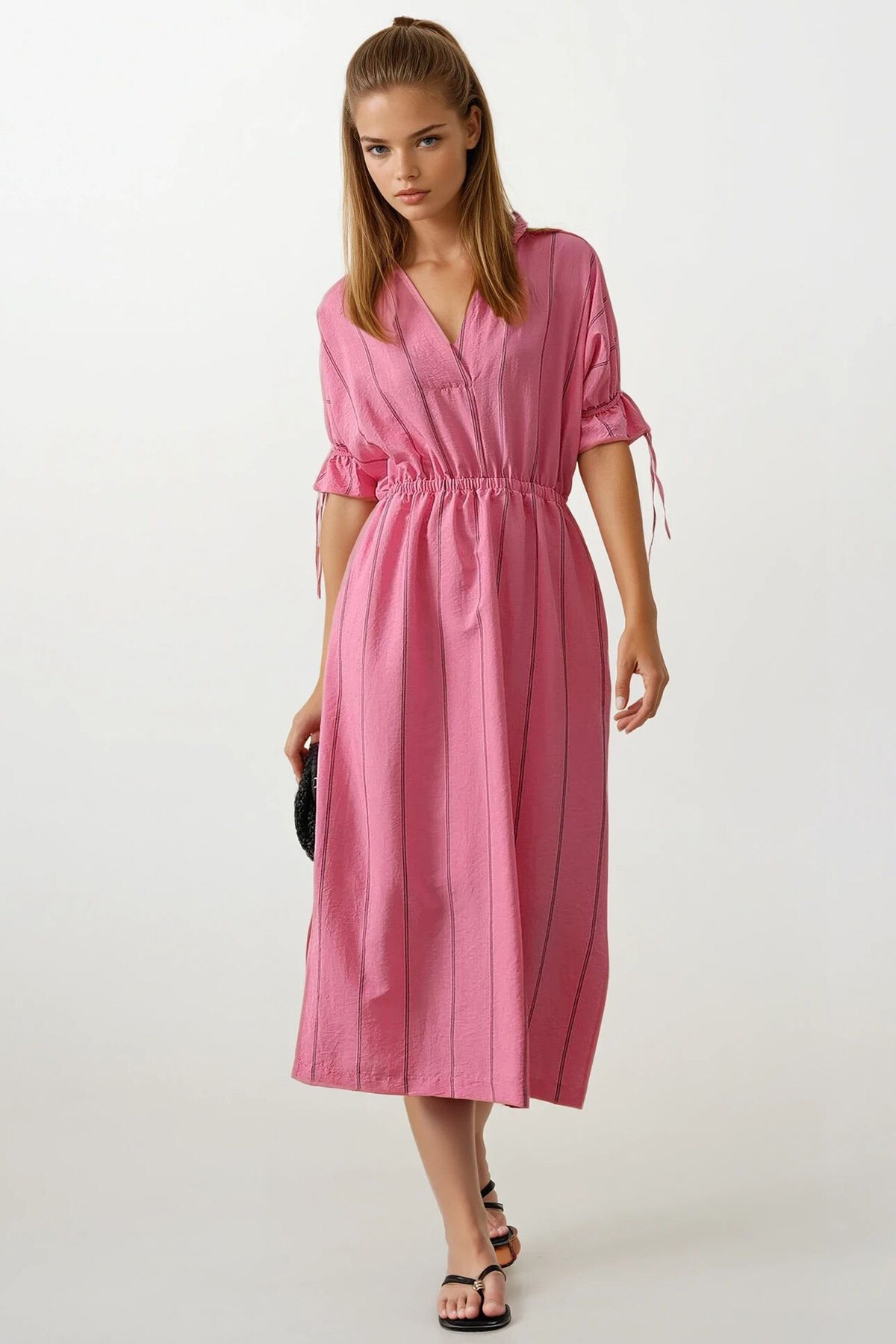 Pembe Gömlek Yaka Beli Ve Kolu Lastikli Çizgili Elbise