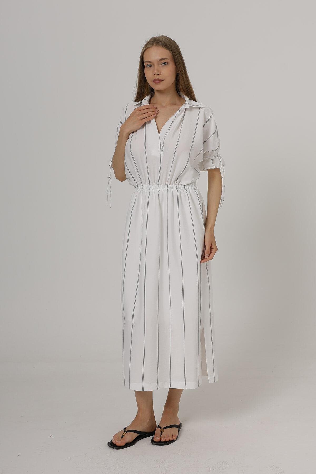 Beyaz Gömlek Yaka Beli Ve Kolu Lastikli Çizgili Elbise