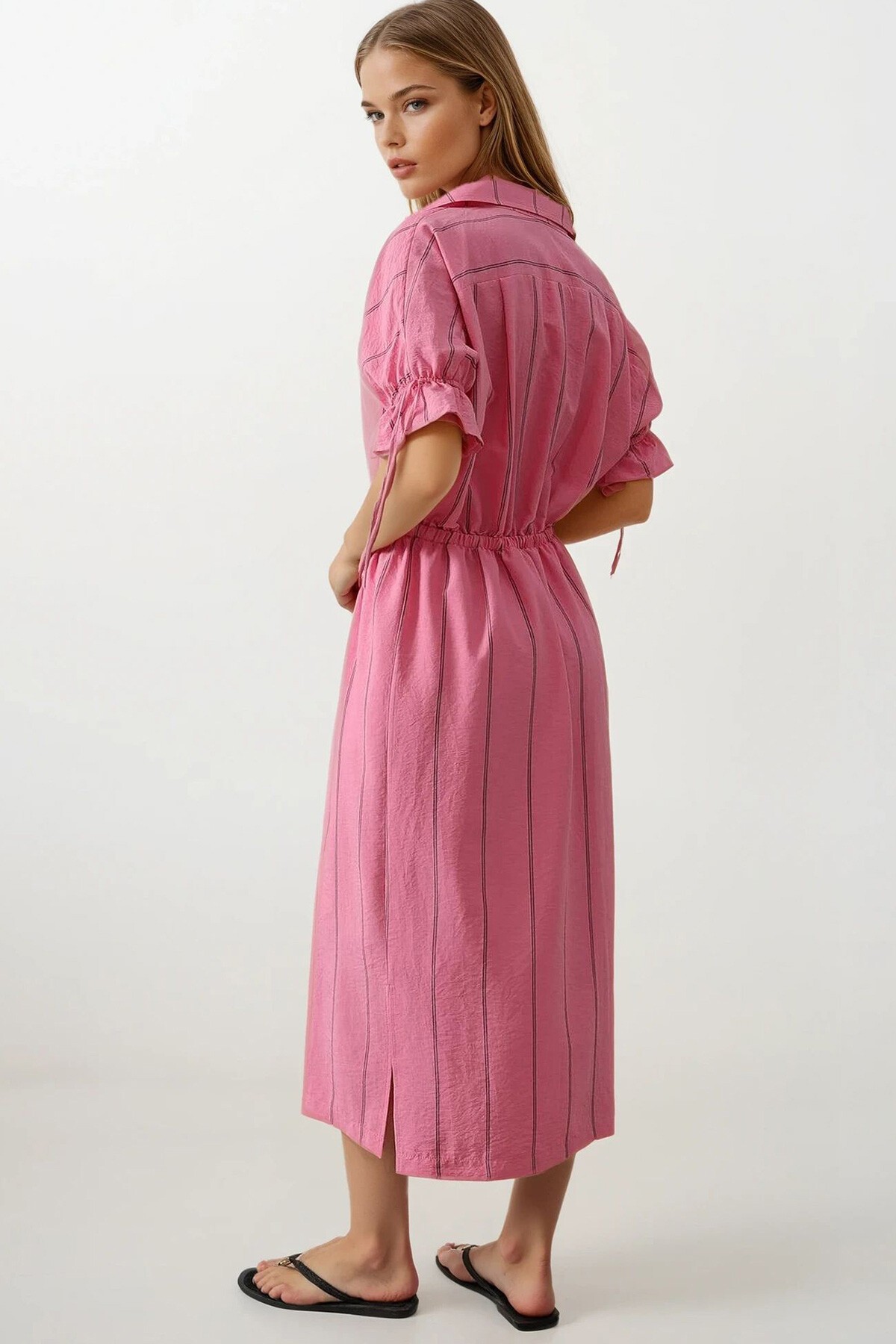 Pembe Gömlek Yaka Beli Ve Kolu Lastikli Çizgili Elbise