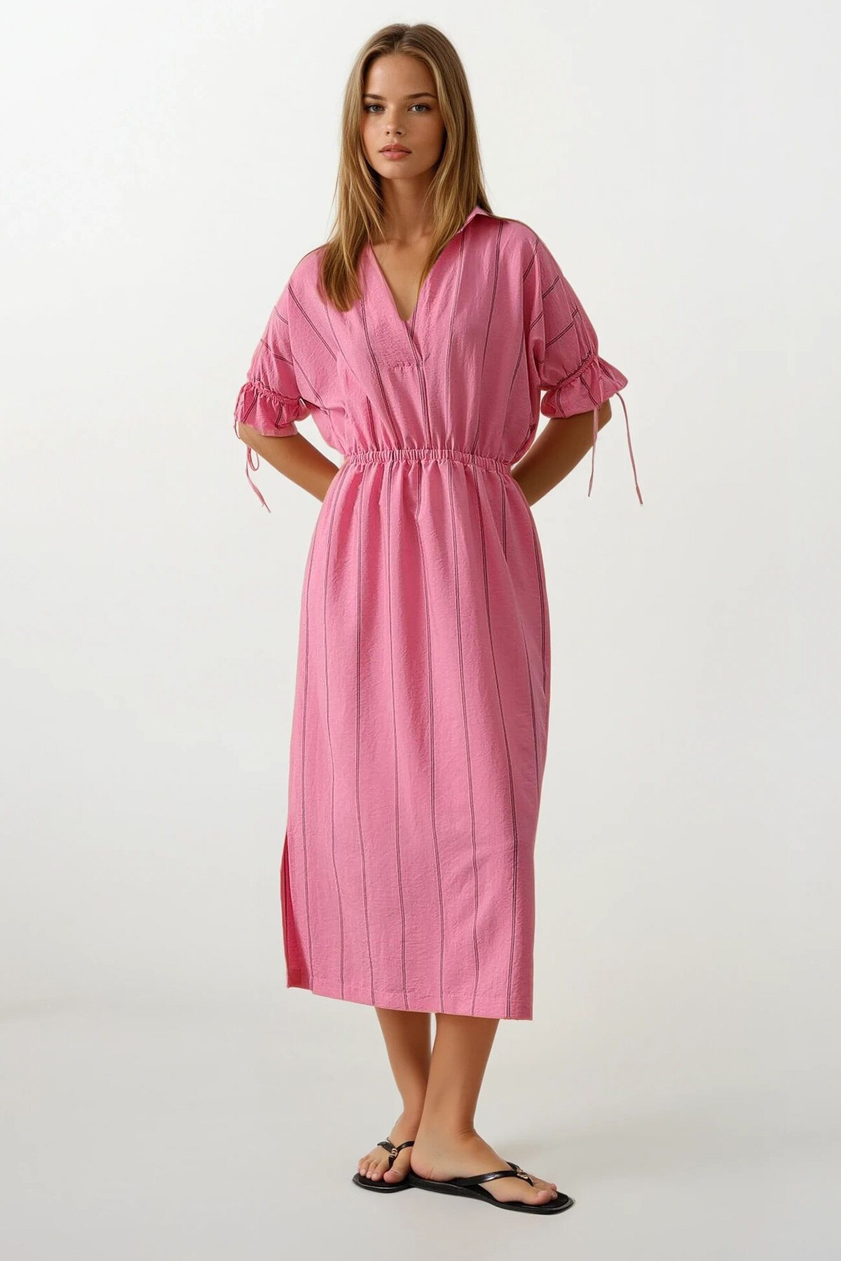 Pembe Gömlek Yaka Beli Ve Kolu Lastikli Çizgili Elbise