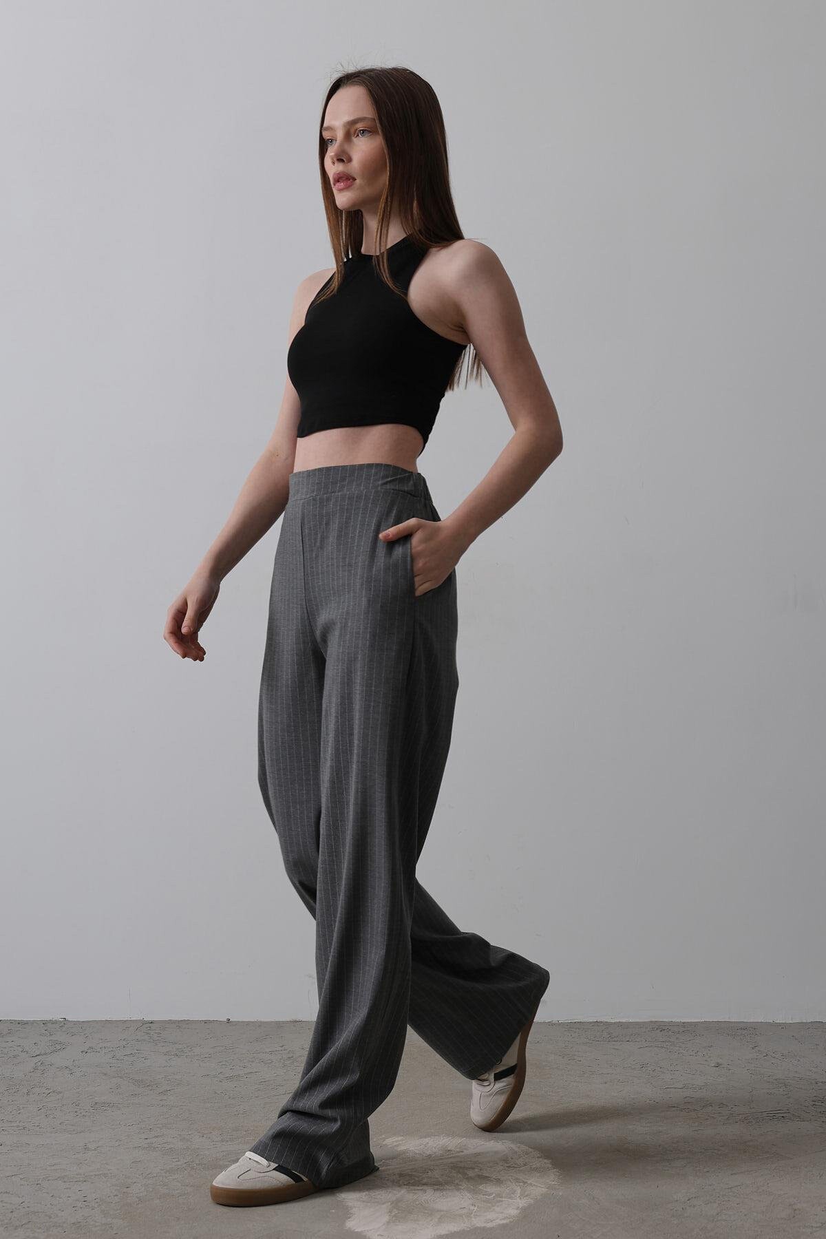 Antrasit Beli Yarım Lastikli Çizgili Palazzo Pantolon