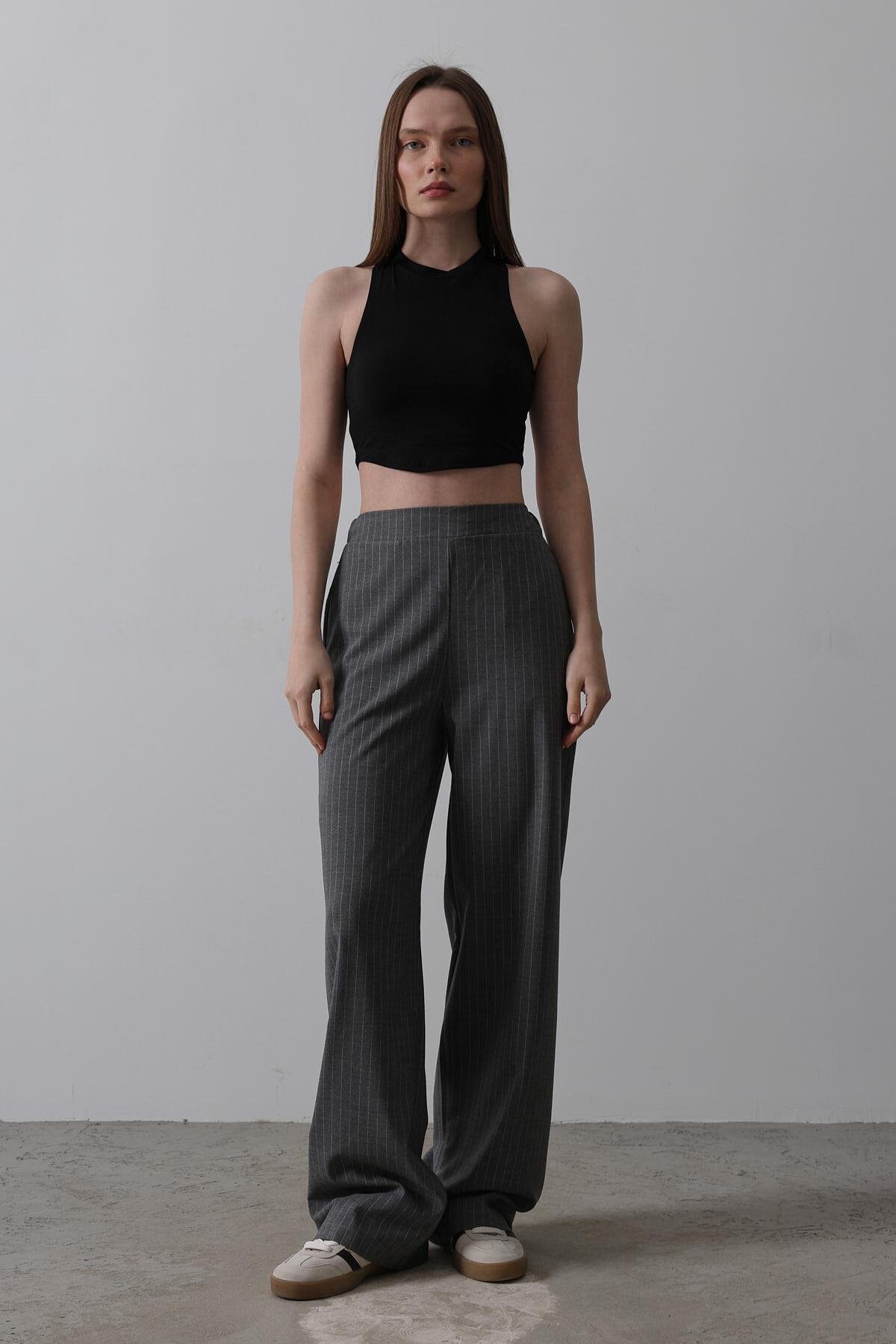 Antrasit Beli Yarım Lastikli Çizgili Palazzo Pantolon