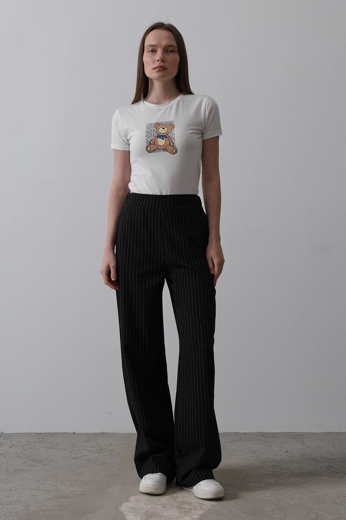 Siyah Beyaz Beli Yarım Lastikli Çizgili Palazzo Pantolon