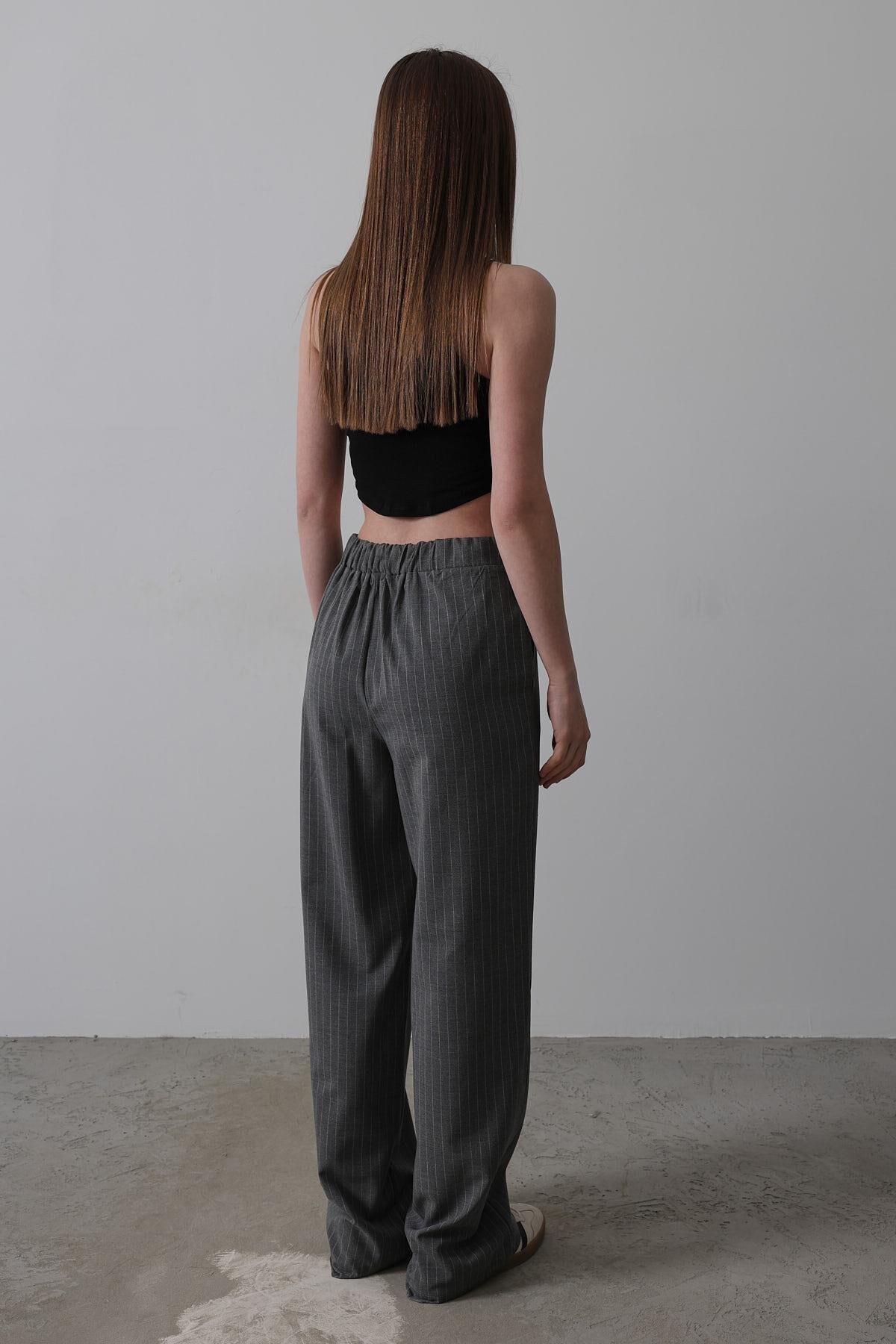 Antrasit Beli Yarım Lastikli Çizgili Palazzo Pantolon