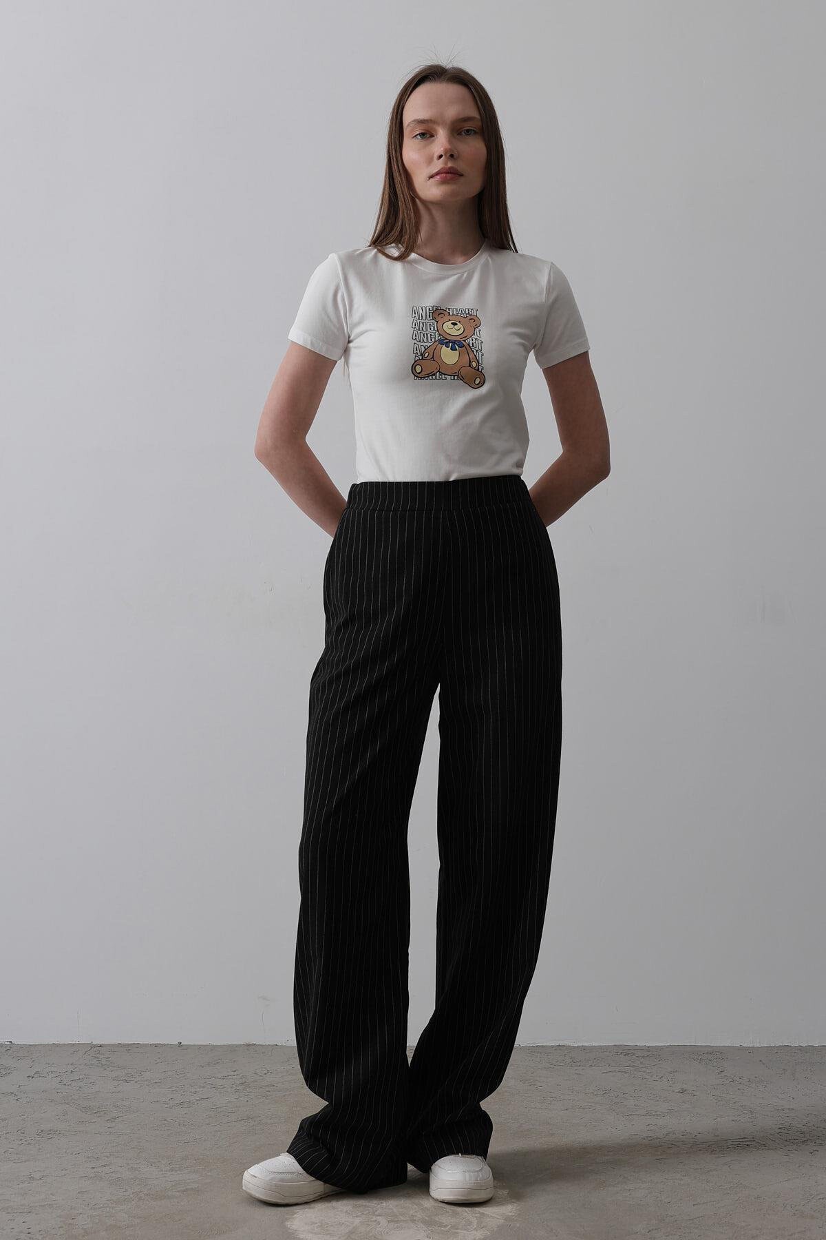 Siyah Beyaz Beli Yarım Lastikli Çizgili Palazzo Pantolon