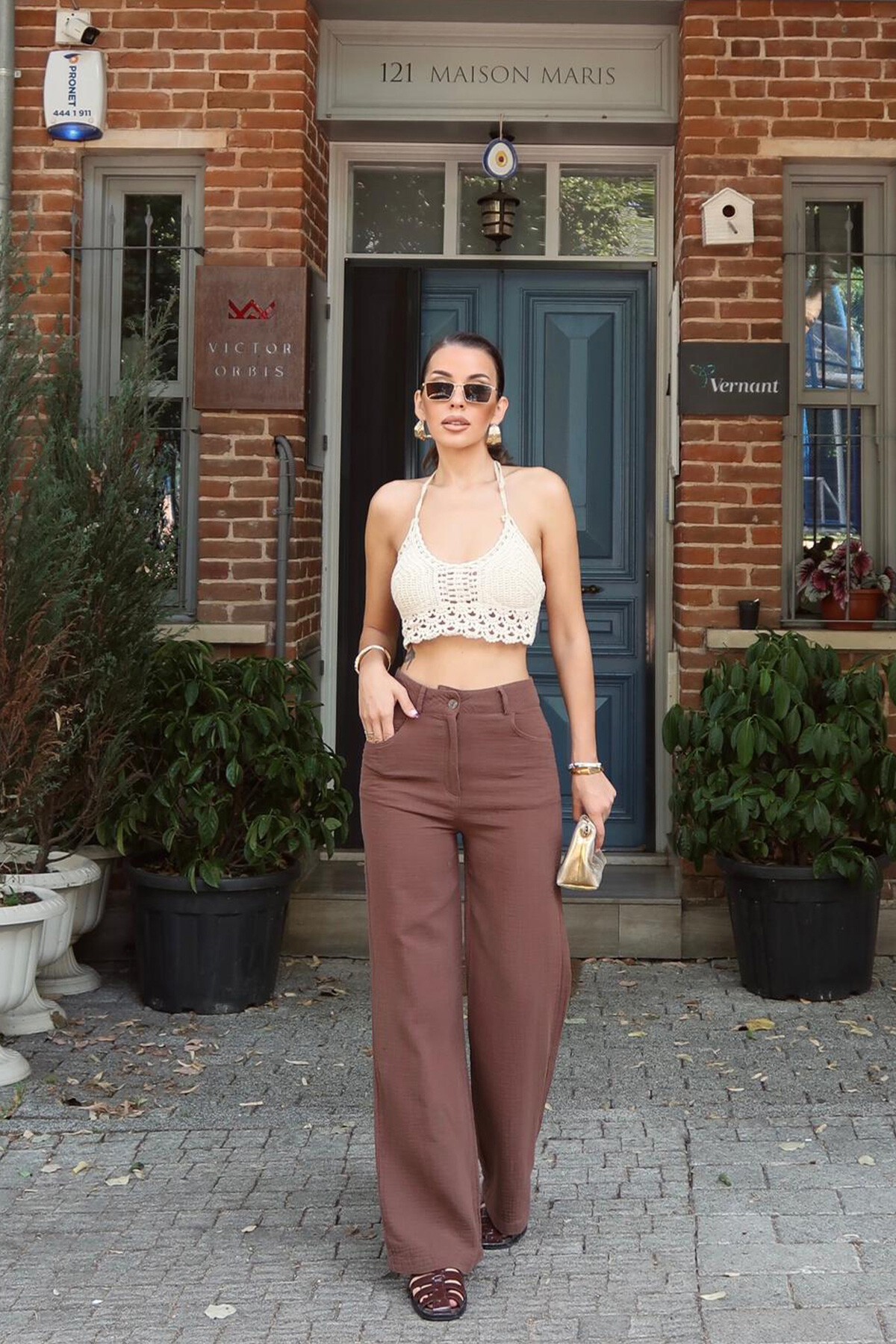 Kahverengi Beş Cepli Bol Paça Müslin Pantolon