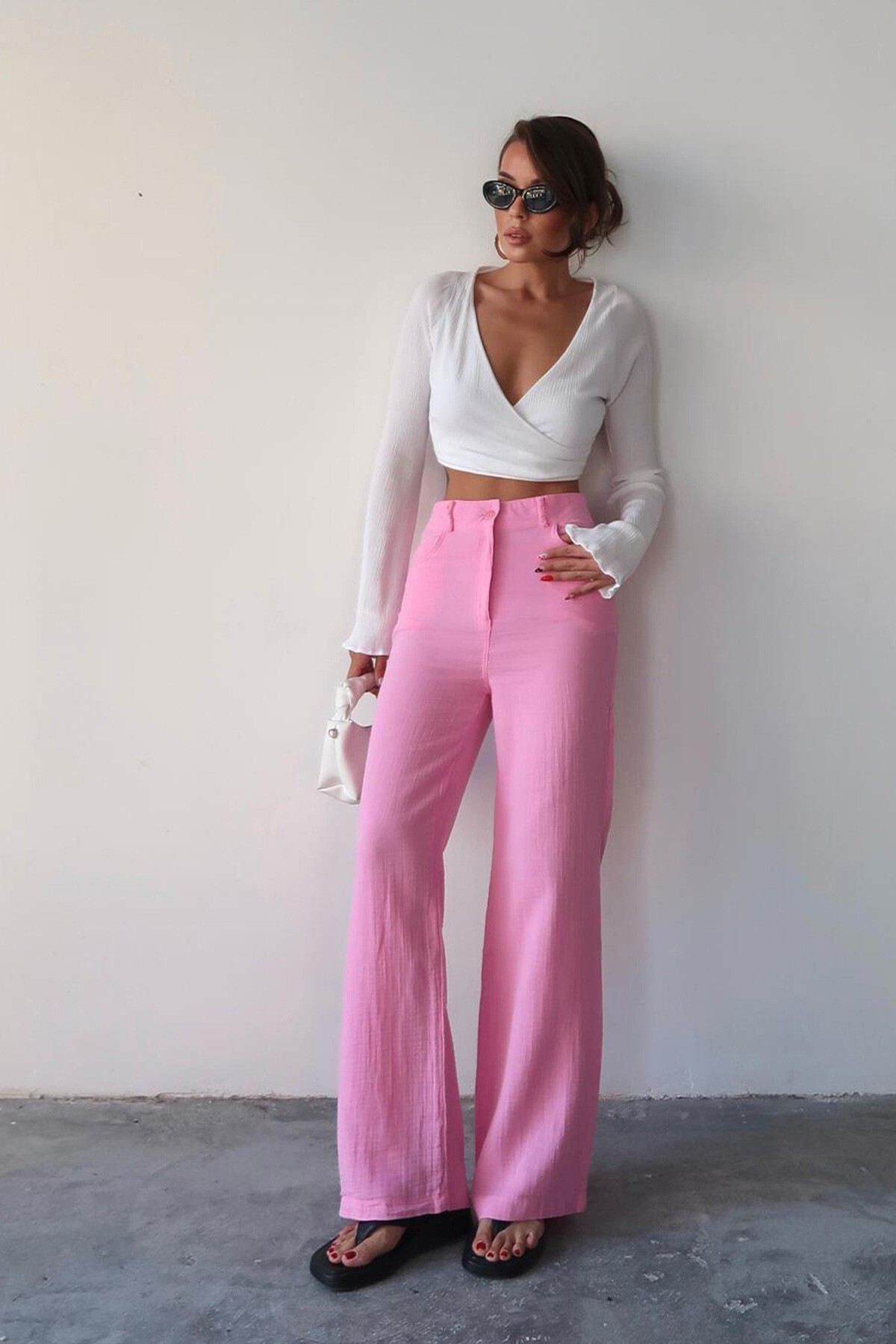 Pembe Beş Cepli Bol Paça Müslin Pantolon