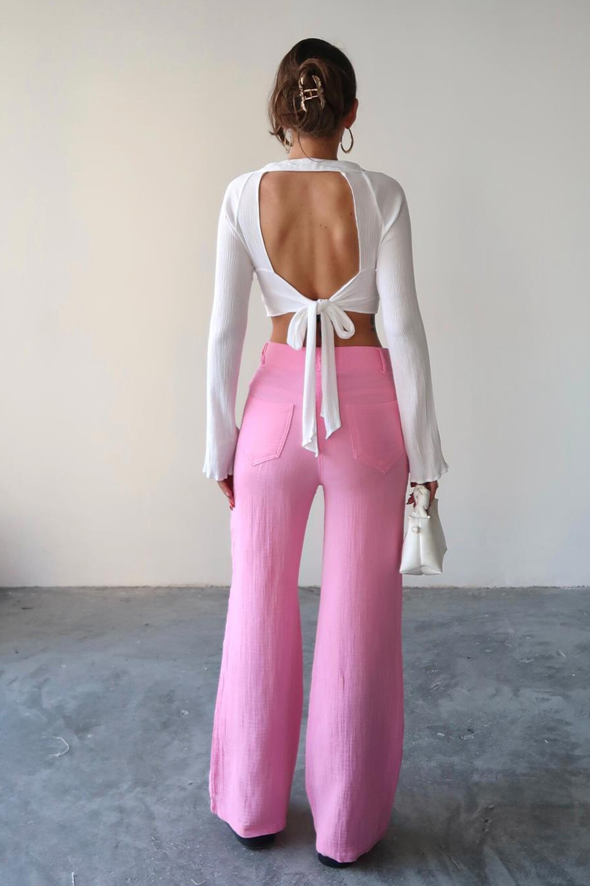 Pembe Beş Cepli Bol Paça Müslin Pantolon