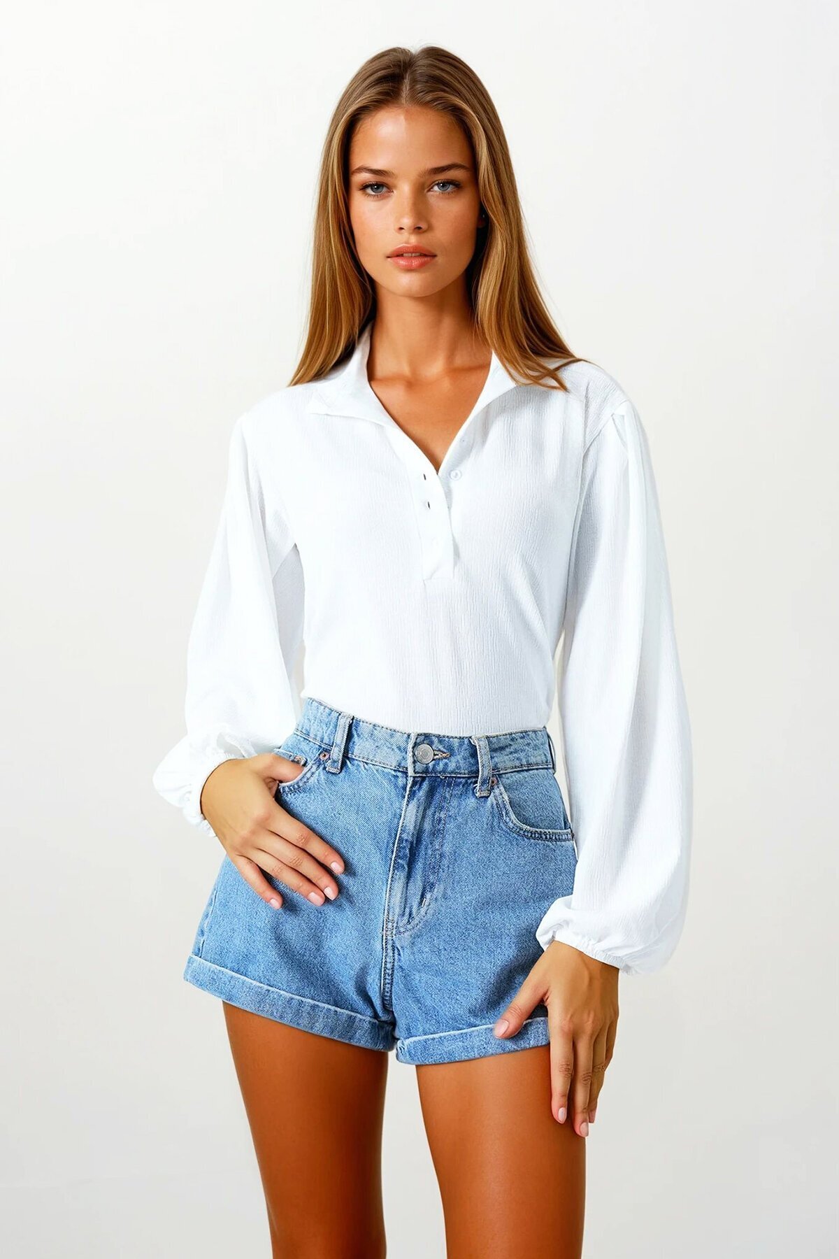 Beyaz Hakim Yaka Önü Düğmeli Balon Kol Dokulu Gömlek Bluz