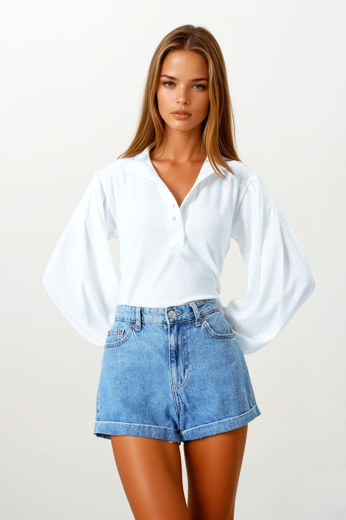 Beyaz Hakim Yaka Önü Düğmeli Balon Kol Dokulu Gömlek Bluz