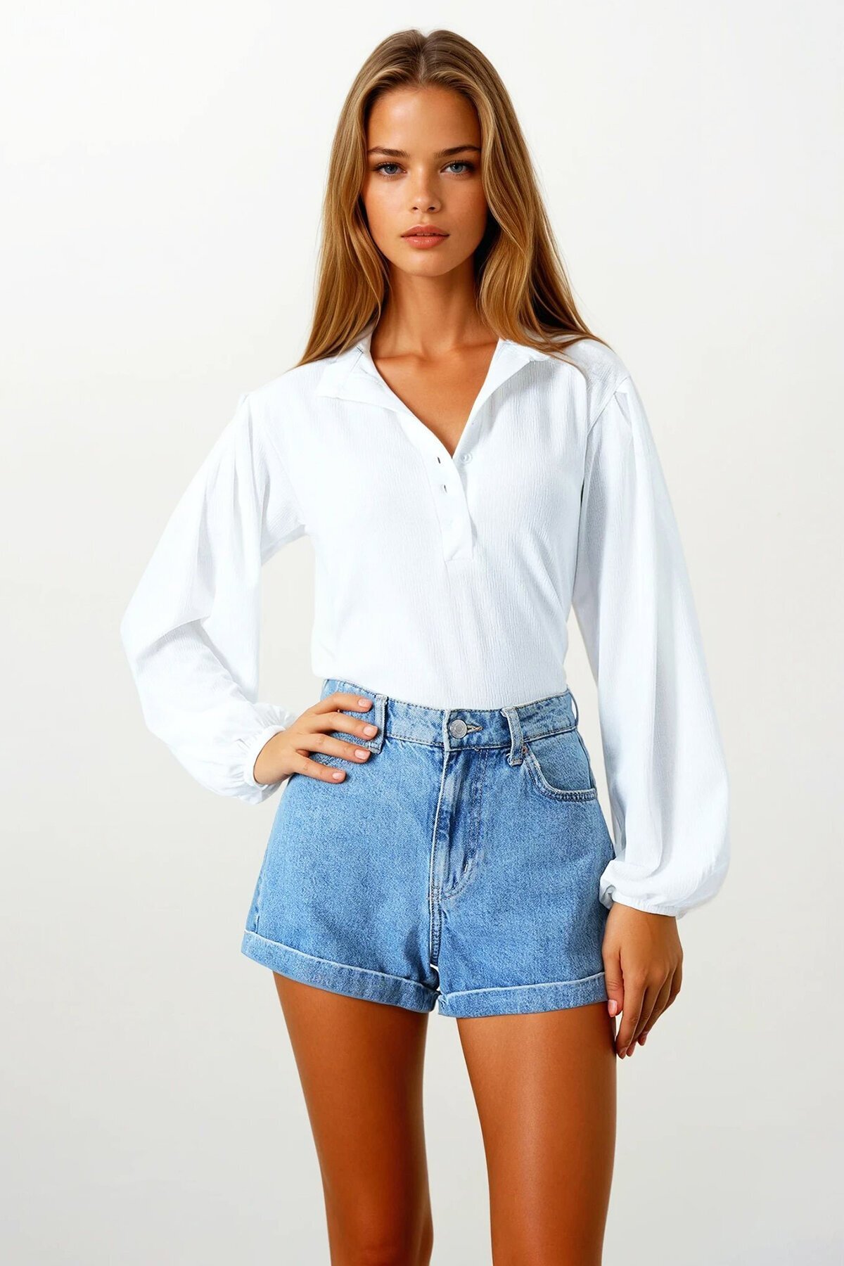 Beyaz Hakim Yaka Önü Düğmeli Balon Kol Dokulu Gömlek Bluz