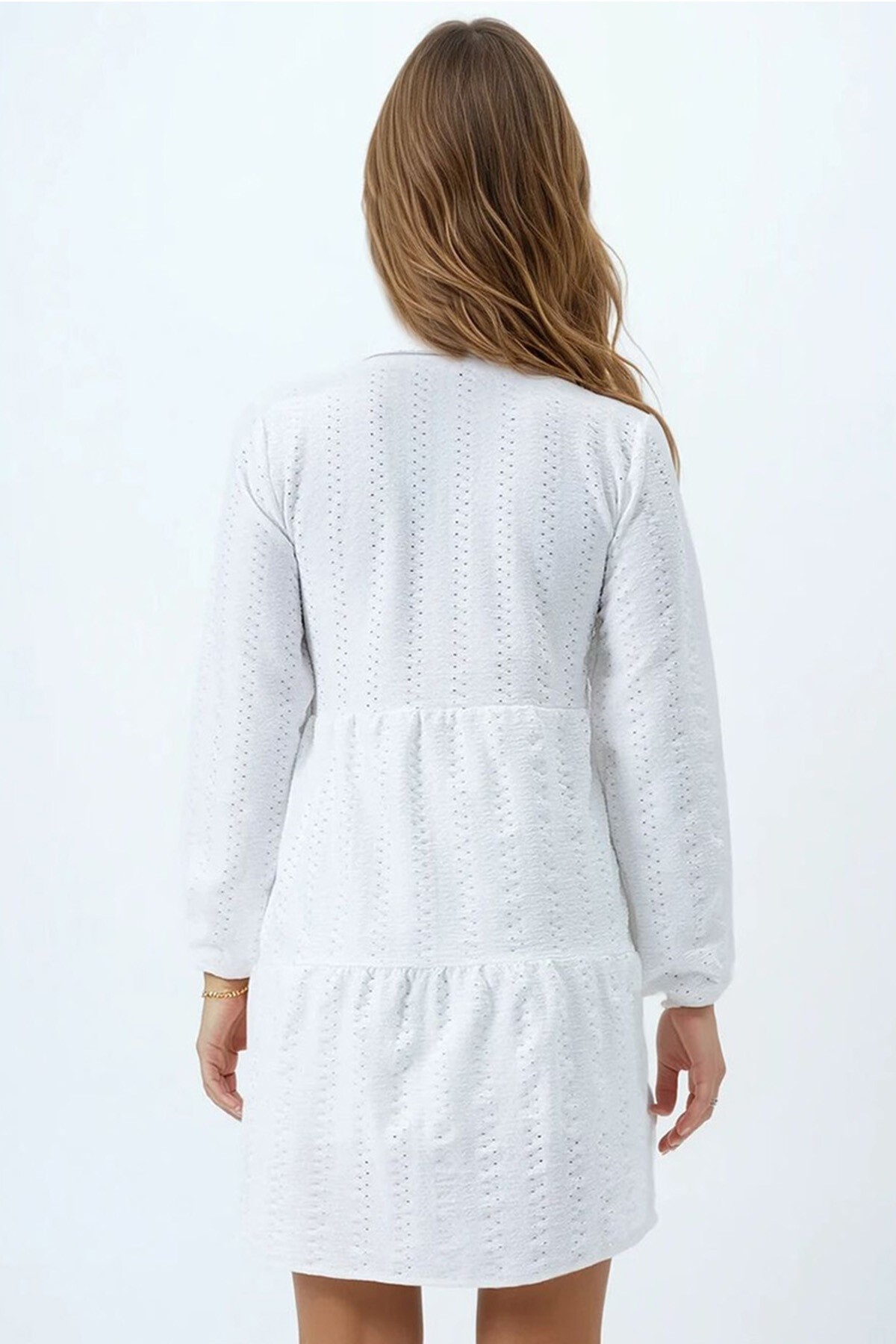 Beyaz V Yaka İçi Astarlı Kat Kat Volanlı Fisto Elbise