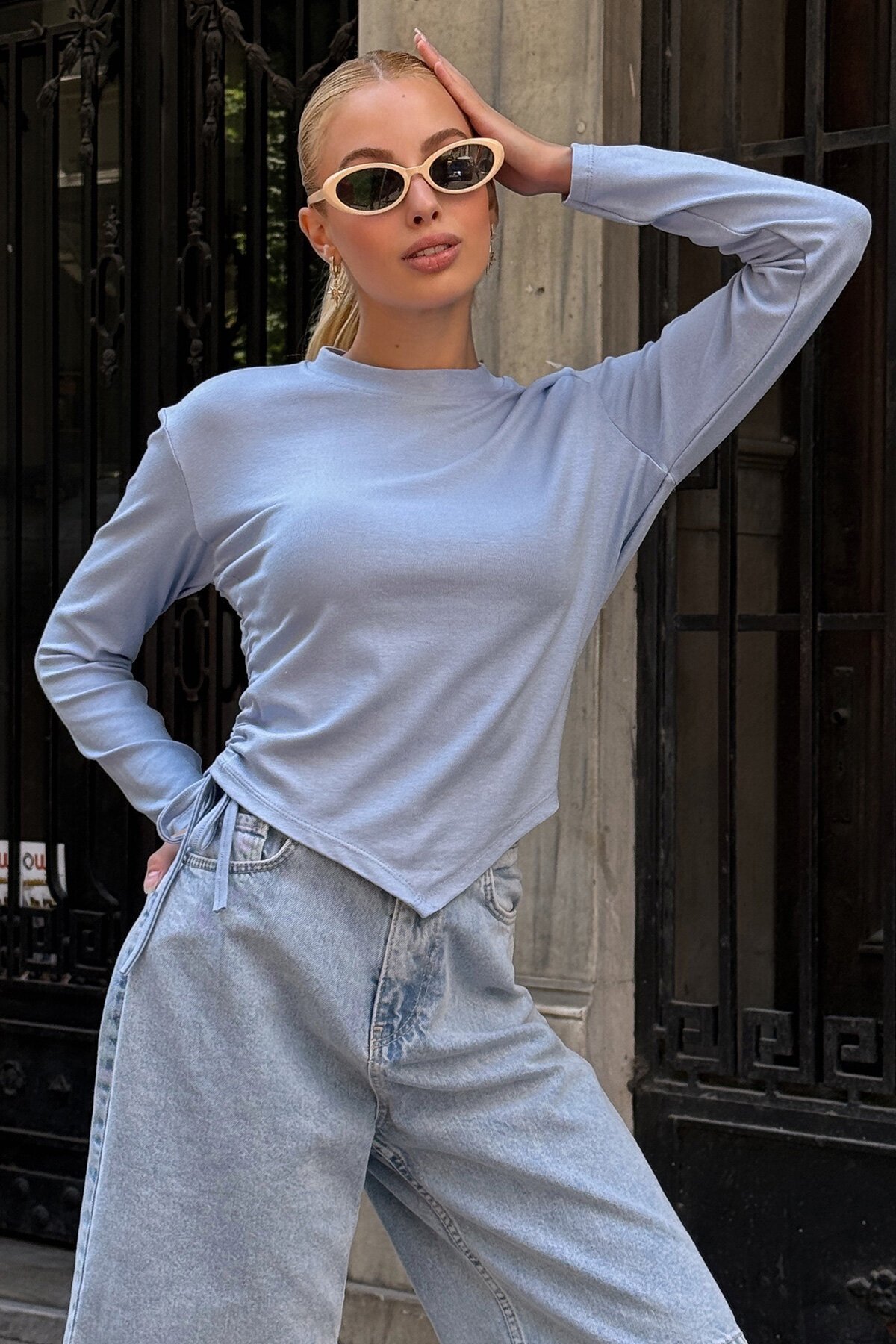 Bebe Mavi Bisiklet Yaka Yanları Büzgülü Basic Bluz