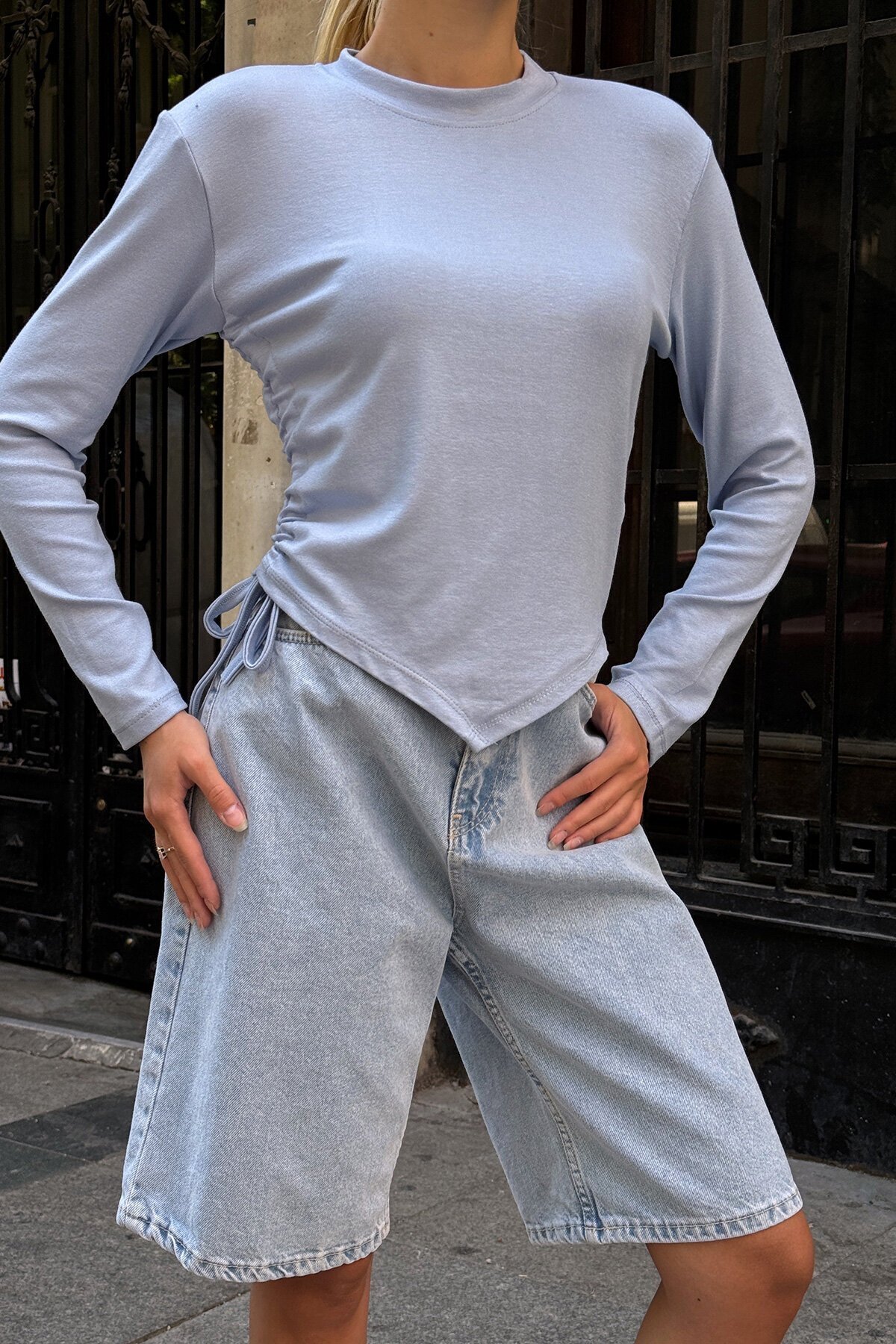 Bebe Mavi Bisiklet Yaka Yanları Büzgülü Basic Bluz