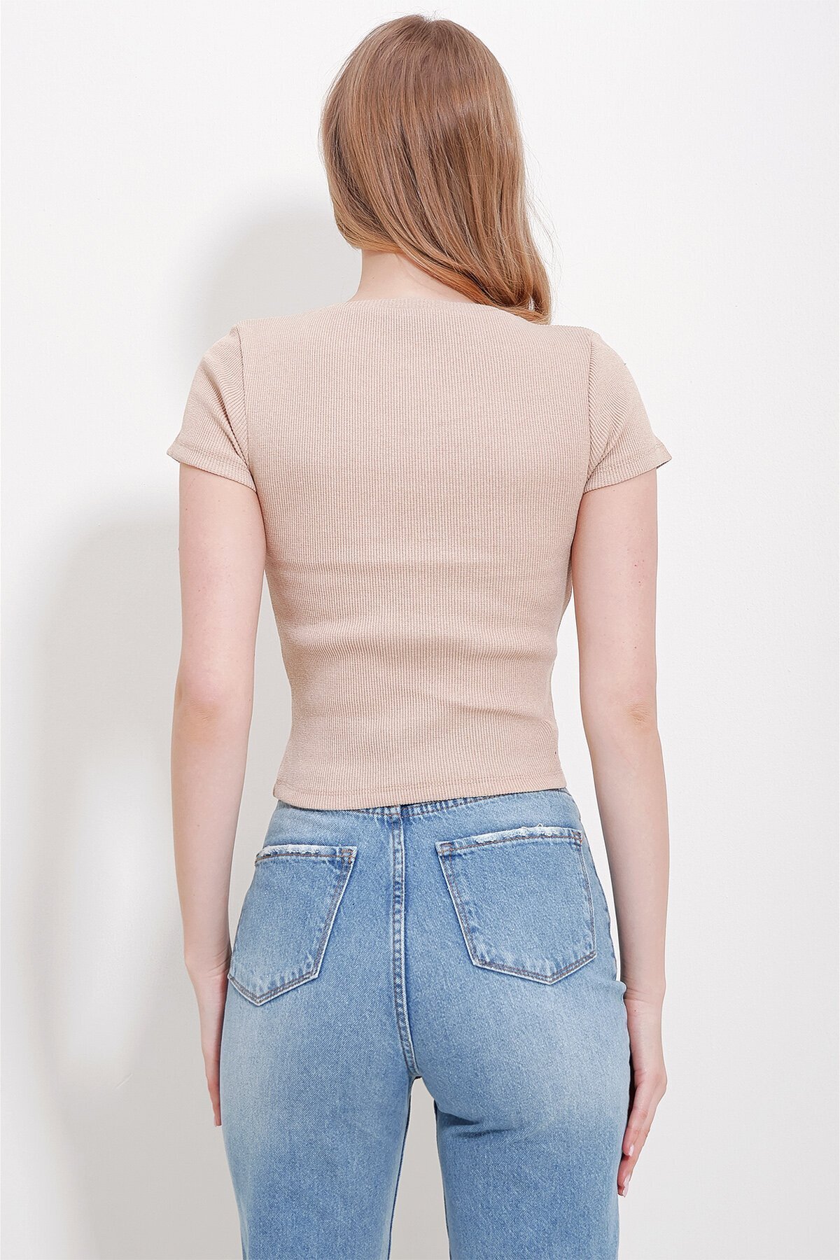 Beyaz-Bej Bisiklet Yaka 2Li Paket Crop Örme Bluz