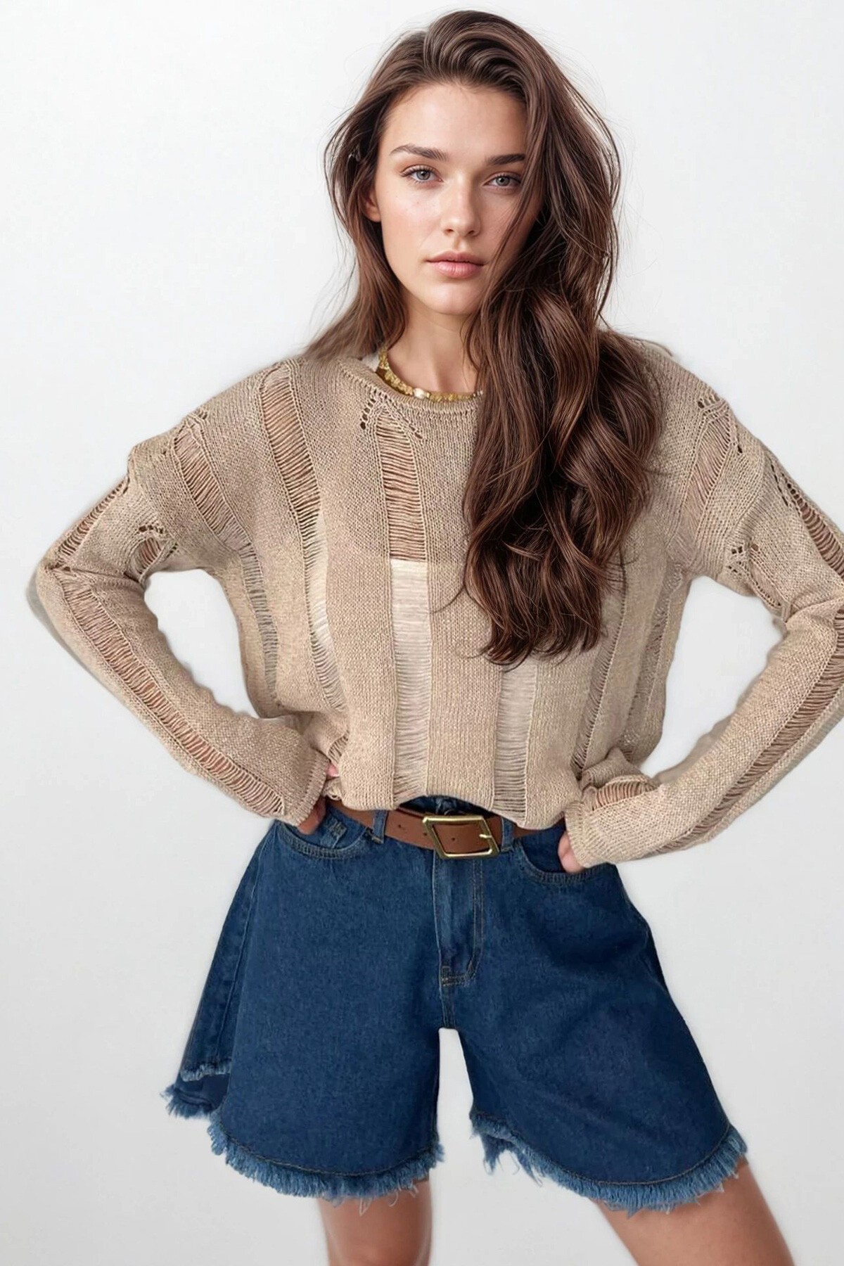 Bej Bisiklet Yaka Ajurlu Triko Bluz