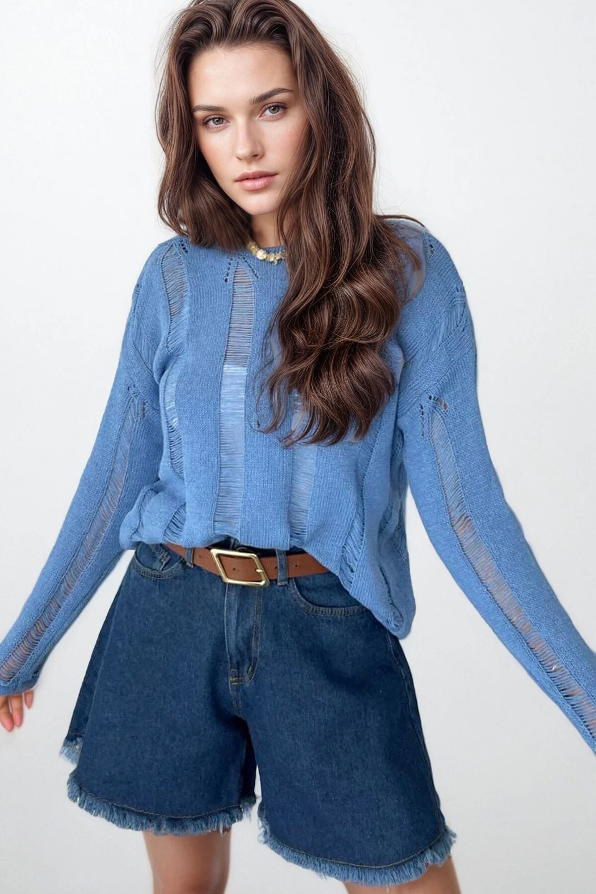 Mavi Bisiklet Yaka Ajurlu Triko Bluz