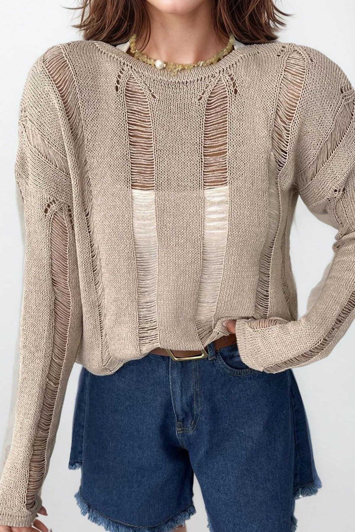 Bej Bisiklet Yaka Ajurlu Triko Bluz