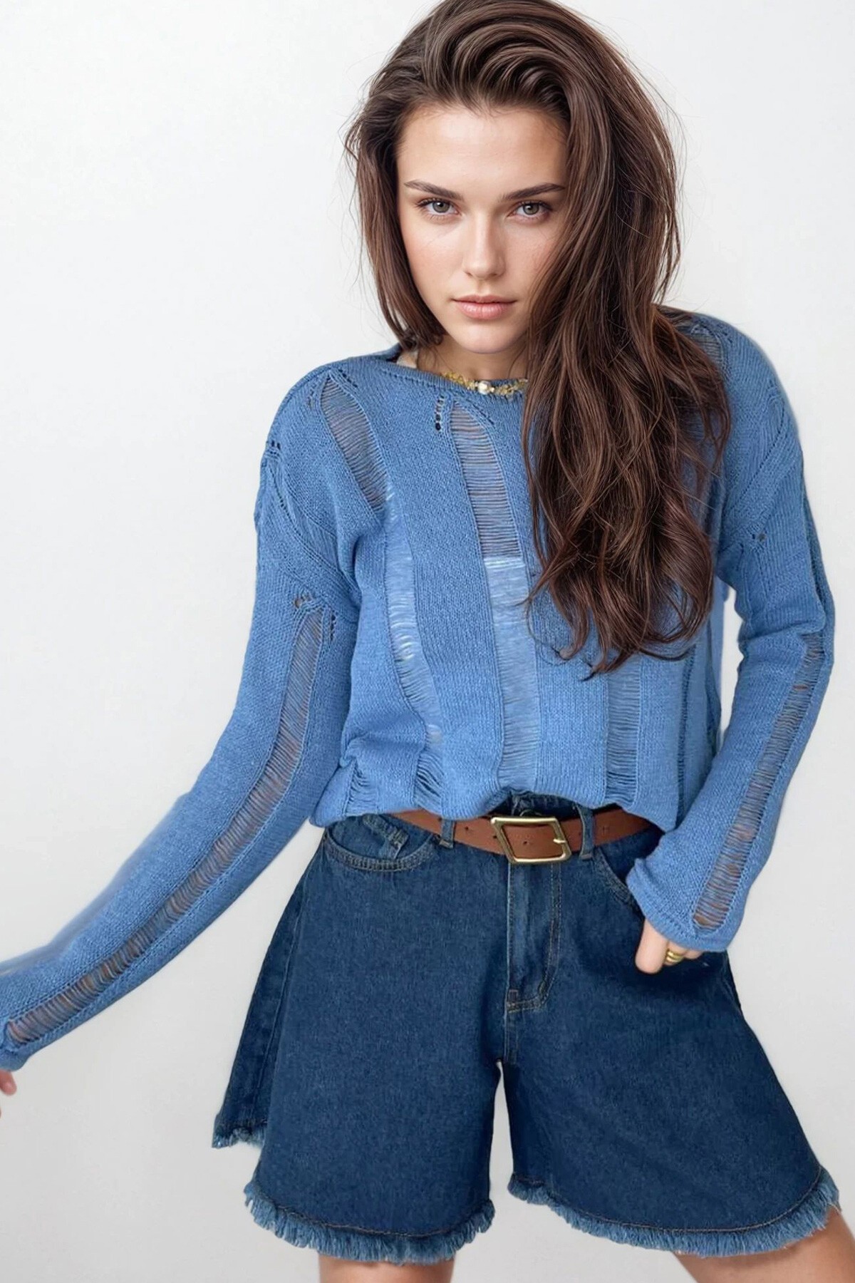 Mavi Bisiklet Yaka Ajurlu Triko Bluz