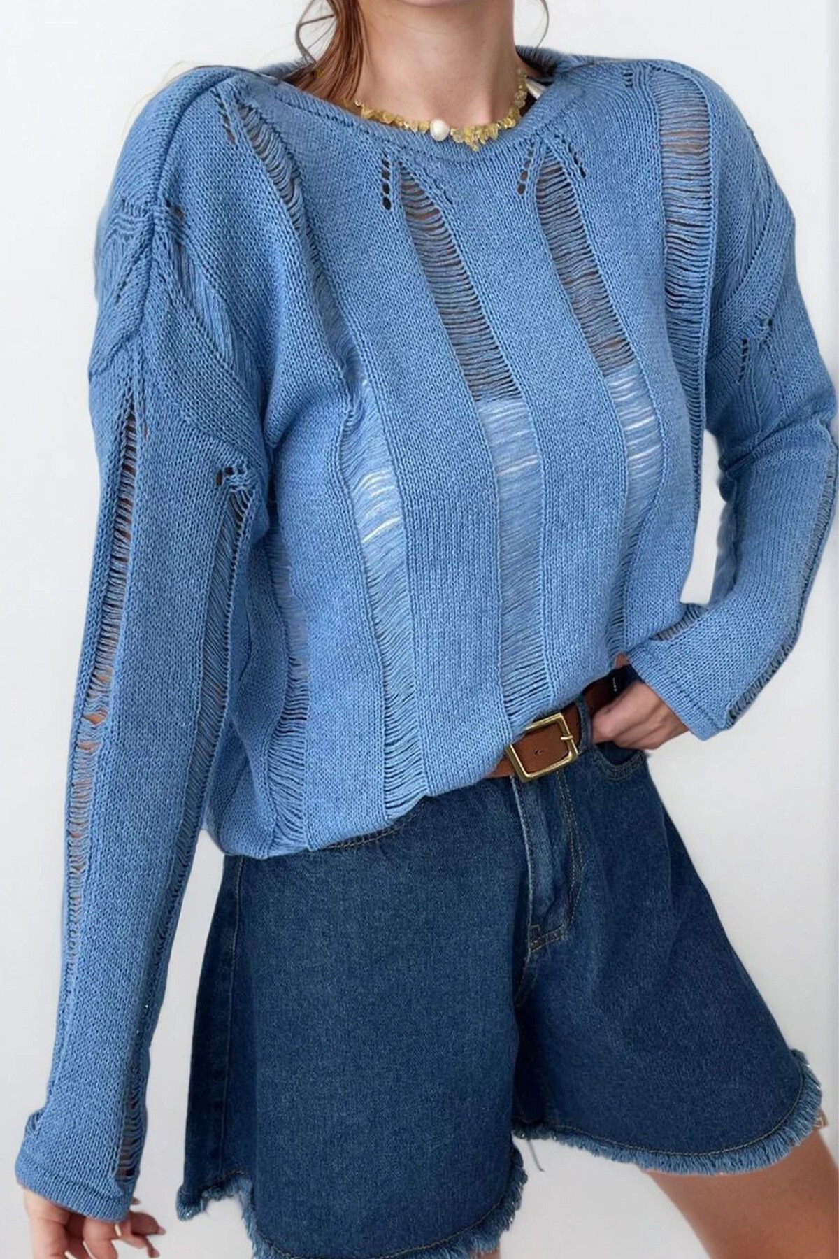 Mavi Bisiklet Yaka Ajurlu Triko Bluz